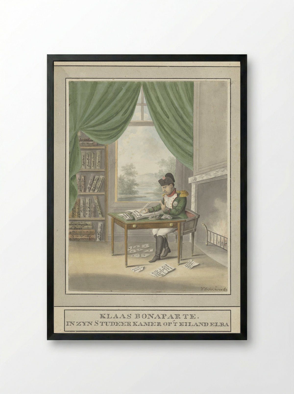 Spotprent op Napoleon: Klaas Bonaparte in zijn studeervertrek op 't eiland Elba - Wijnand Esser - Framed Print Black