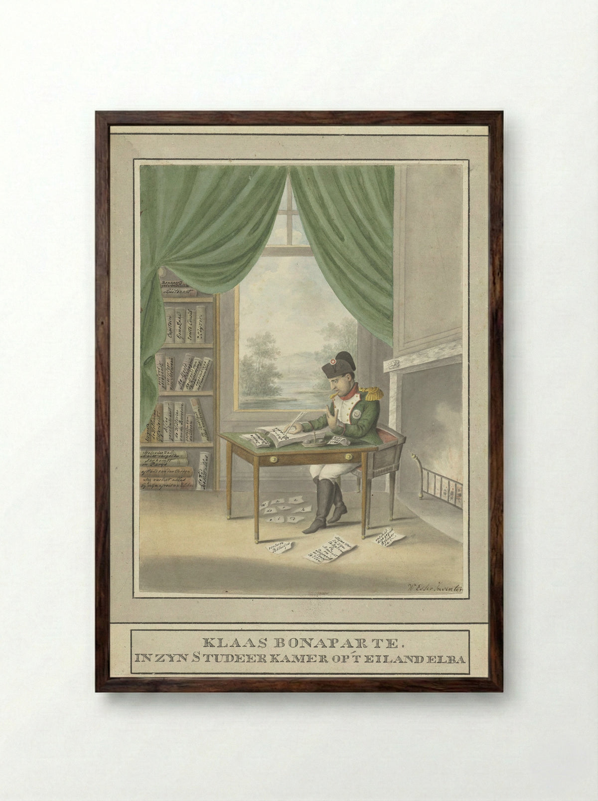 Spotprent op Napoleon: Klaas Bonaparte in zijn studeervertrek op 't eiland Elba - Wijnand Esser - Framed Print Dark Wood