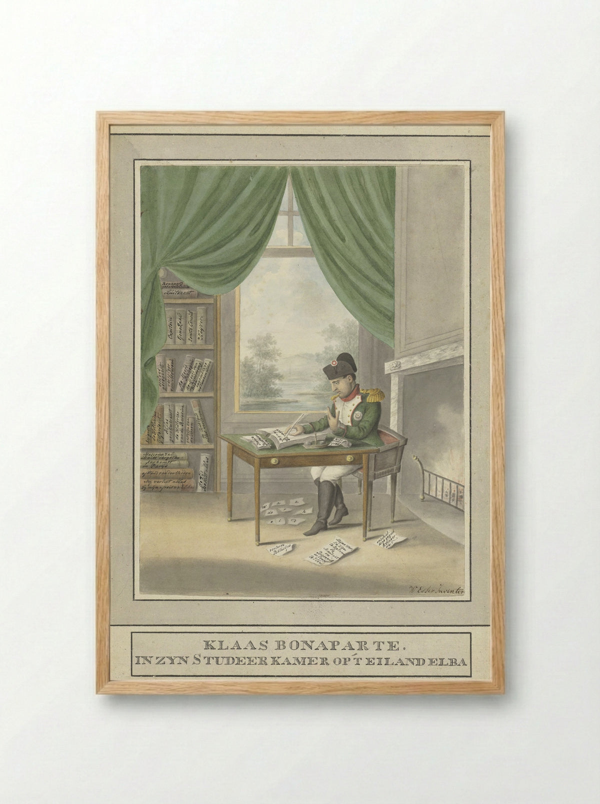 Spotprent op Napoleon: Klaas Bonaparte in zijn studeervertrek op 't eiland Elba - Wijnand Esser - Framed Print Wood