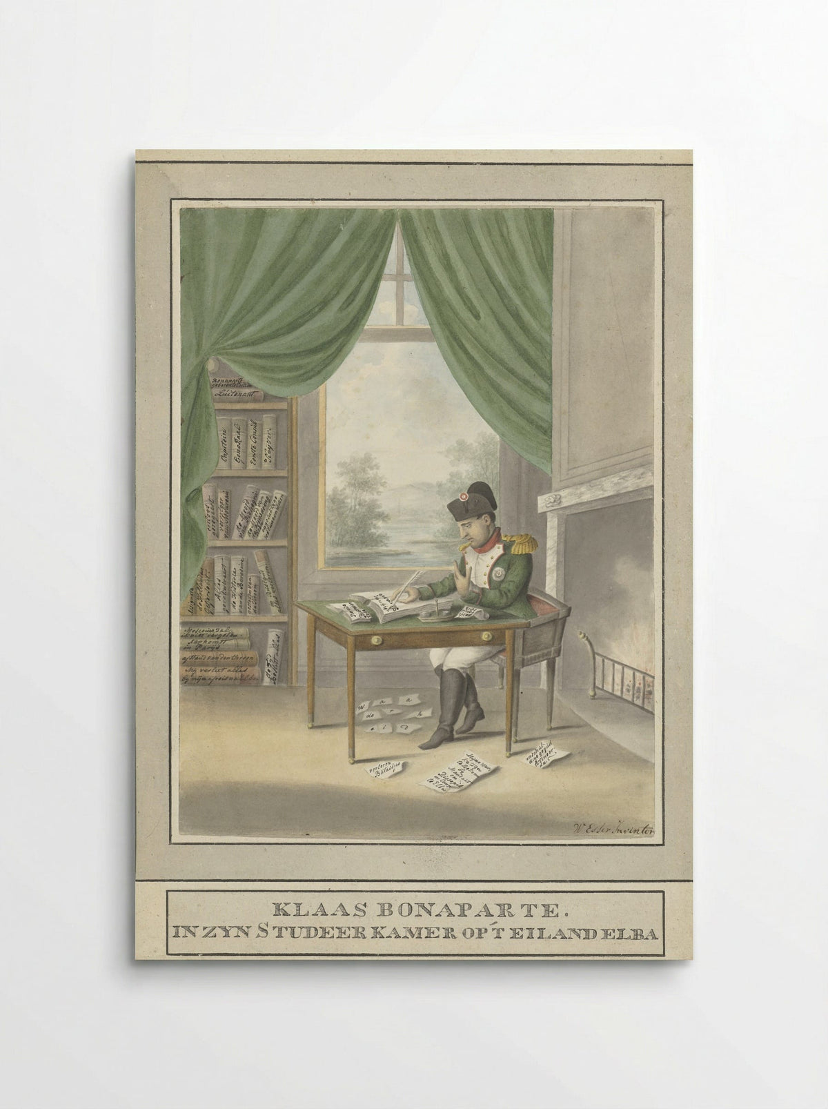 Spotprent op Napoleon: Klaas Bonaparte in zijn studeervertrek op 't eiland Elba - Wijnand Esser - Poster