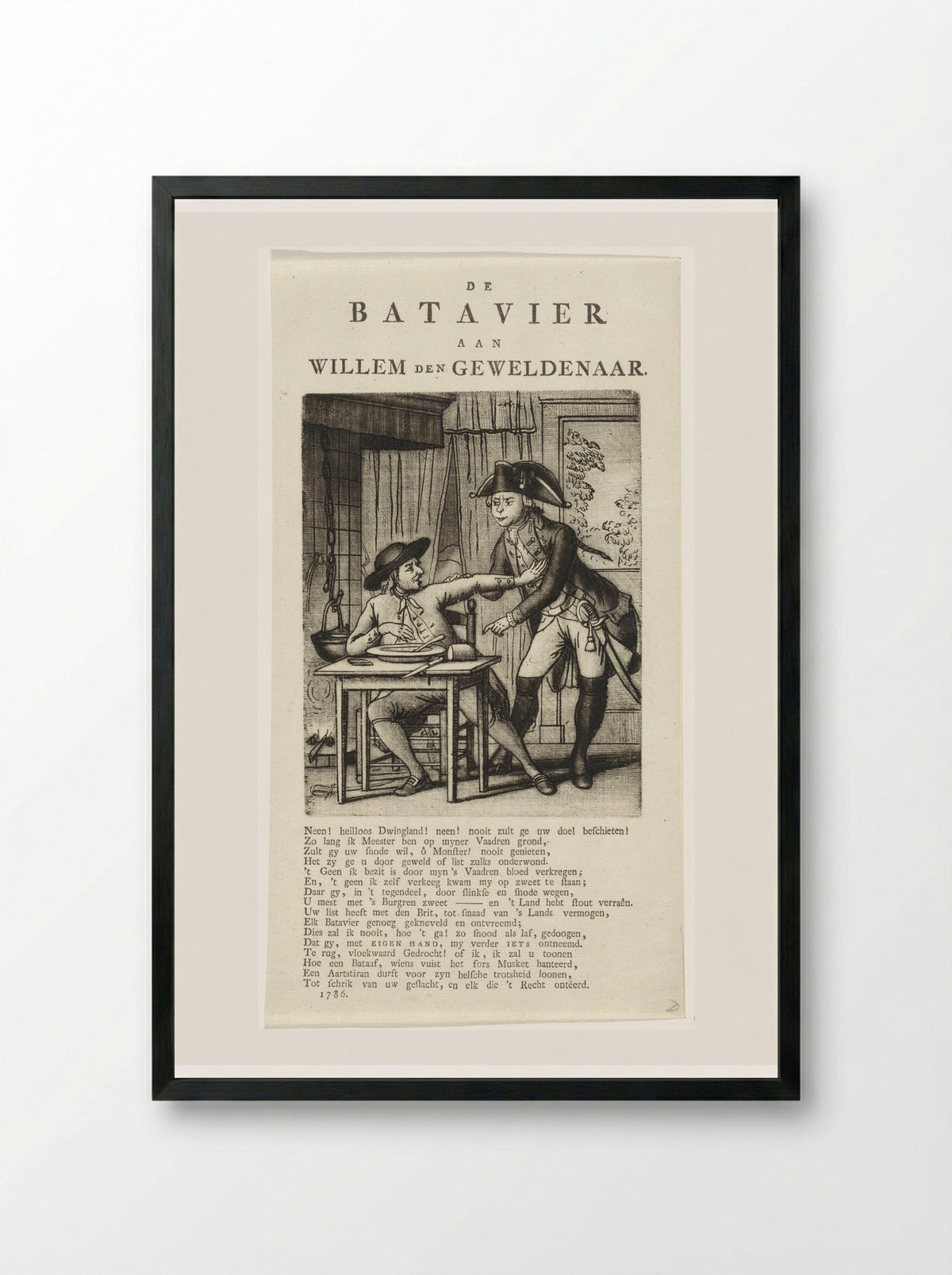 Spotprent op Willem V die een Gelderse boer zijn eten wil afnemen - Johannes Jelgerhuis - Framed Print Black