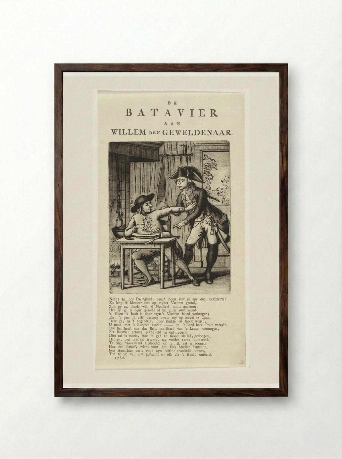 Spotprent op Willem V die een Gelderse boer zijn eten wil afnemen - Johannes Jelgerhuis - Framed Print Dark Wood