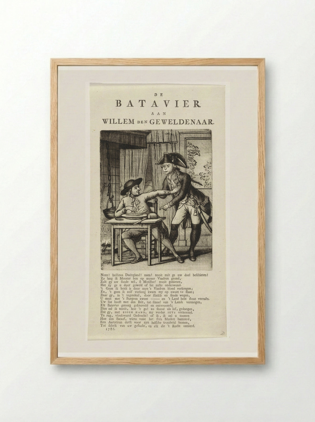 Spotprent op Willem V die een Gelderse boer zijn eten wil afnemen - Johannes Jelgerhuis - Framed Print Wood