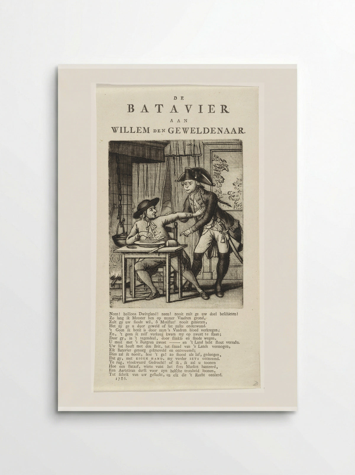 Spotprent op Willem V die een Gelderse boer zijn eten wil afnemen - Johannes Jelgerhuis - Poster
