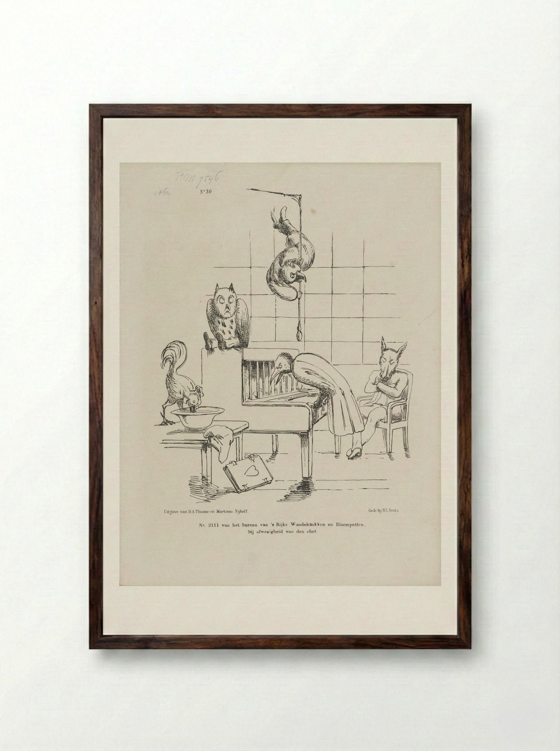 Spotprent op ledigheid van ambtenaren bij afwezigheid van de chef - Johan Michaël Schmidt Crans - Framed Print Dark Wood