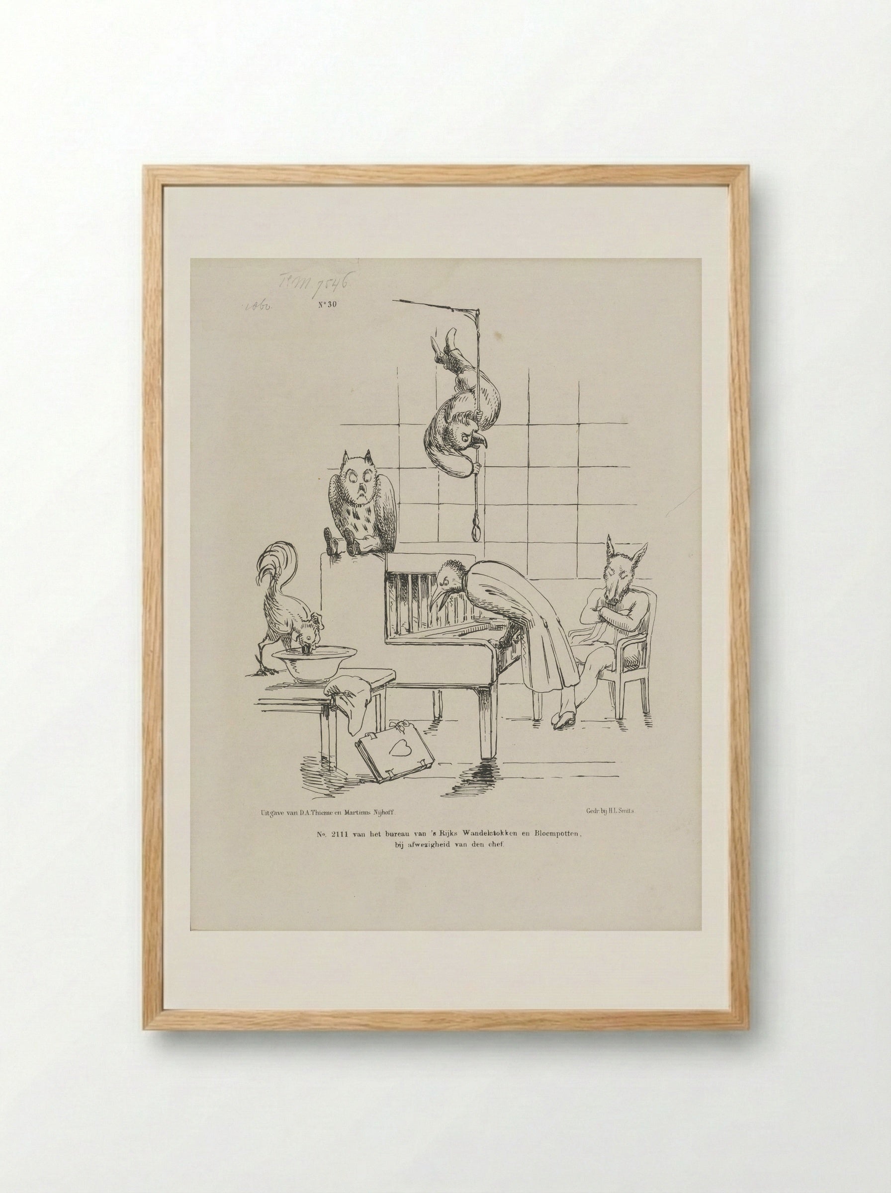 Spotprent op ledigheid van ambtenaren bij afwezigheid van de chef - Johan Michaël Schmidt Crans - Framed Print Wood