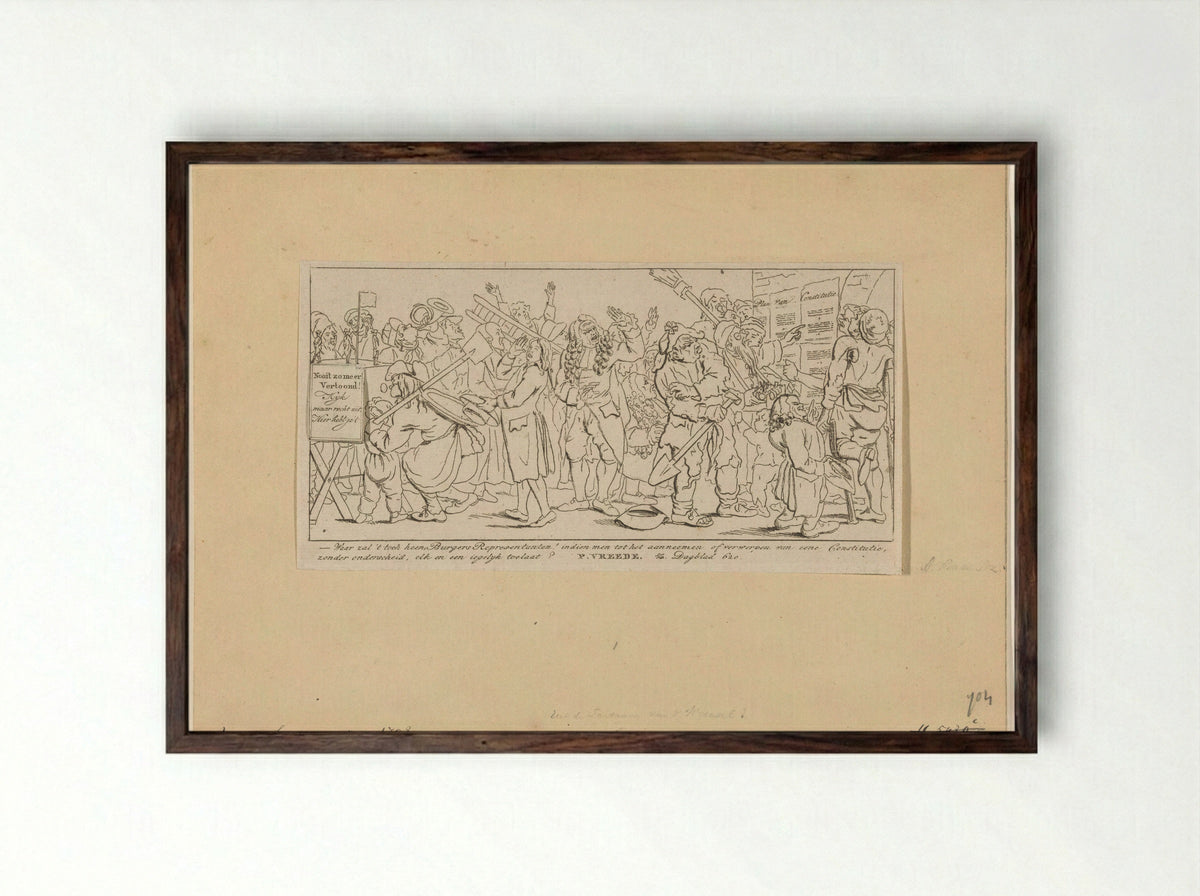 Spotprent op verwerping van het Plan van Constitutie - Pieter van Woensel - Framed Print Dark Wood