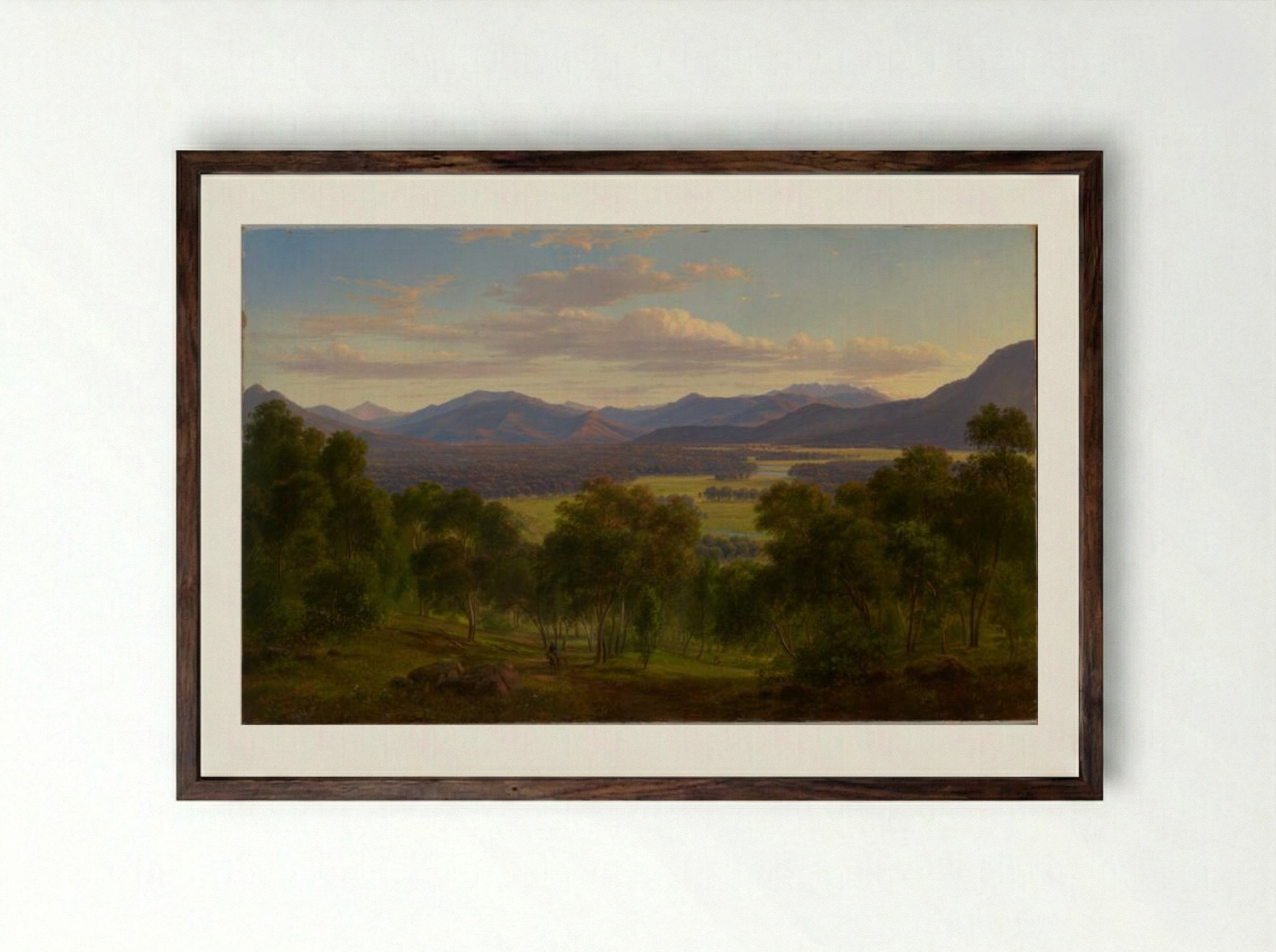 Spring in the valley of the Mitta Mitta with the Bogong Ranges in the distance - Eugene von Guerard - Framed Print Dark Wood