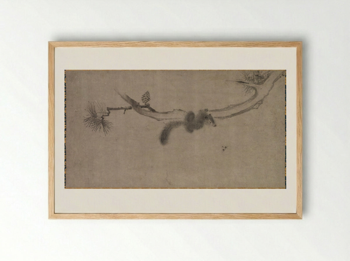 Squirrel on a Pine Branch - Song Tian - Framed Print Wood