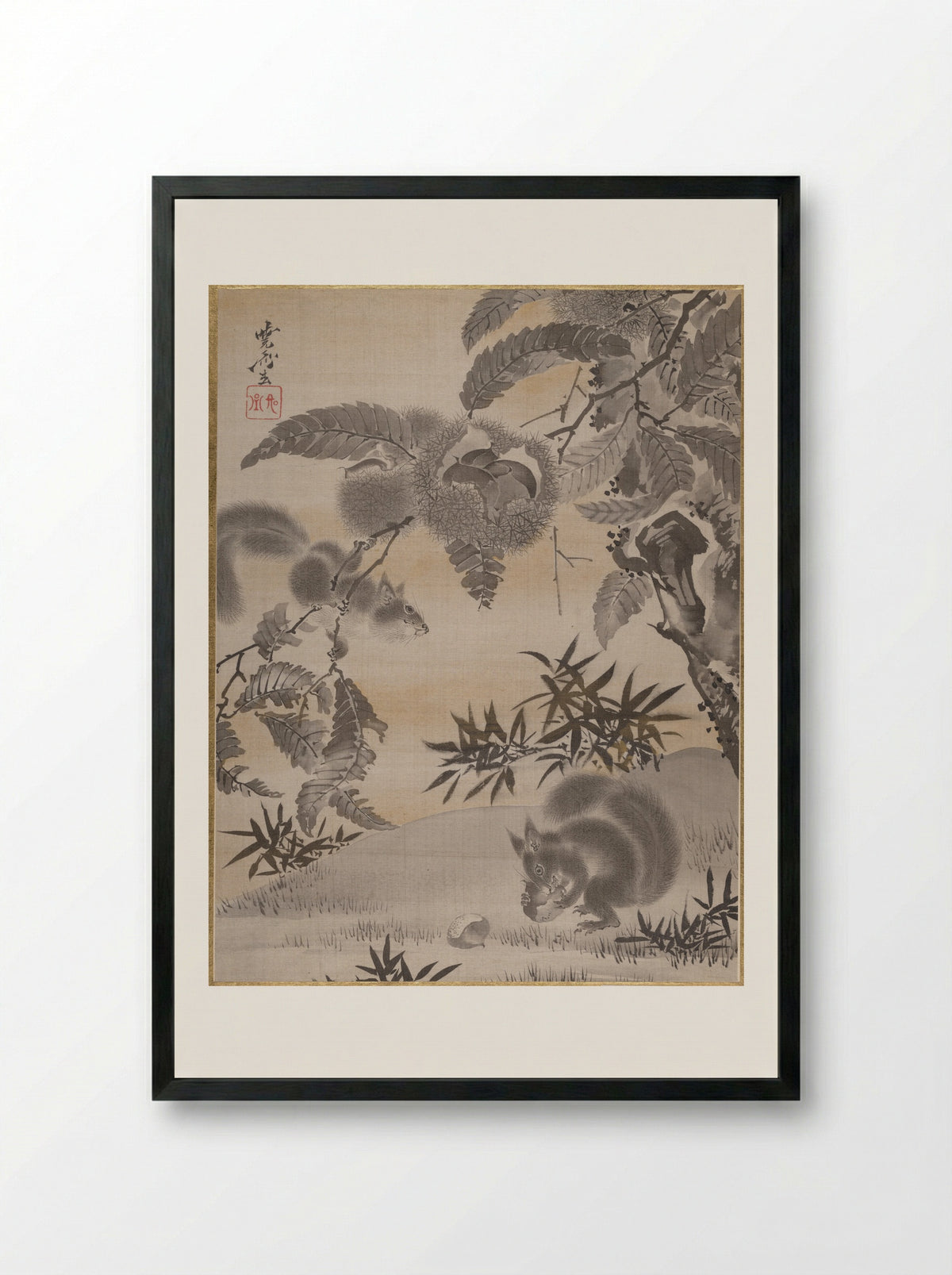 Squirrels Gathering Chestnuts - Kawanabe Kyōsai - Framed Print Black