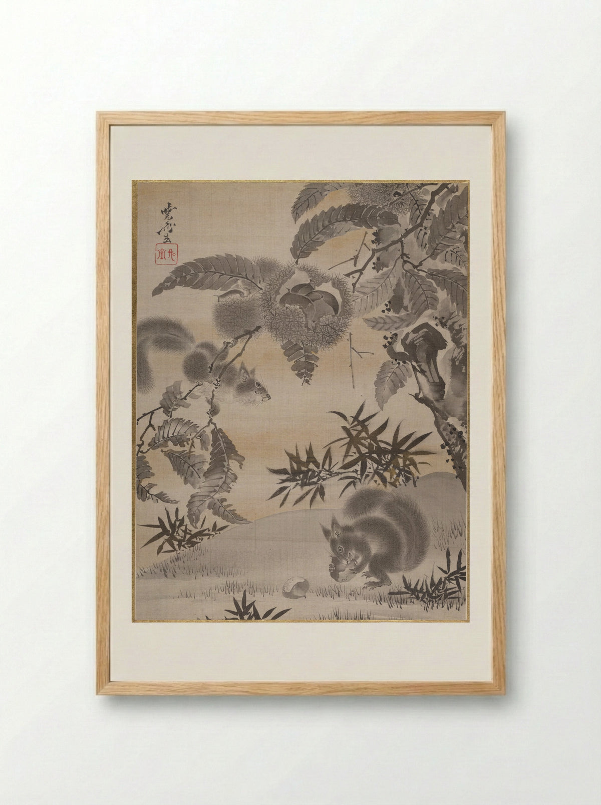 Squirrels Gathering Chestnuts - Kawanabe Kyōsai - Framed Print Wood