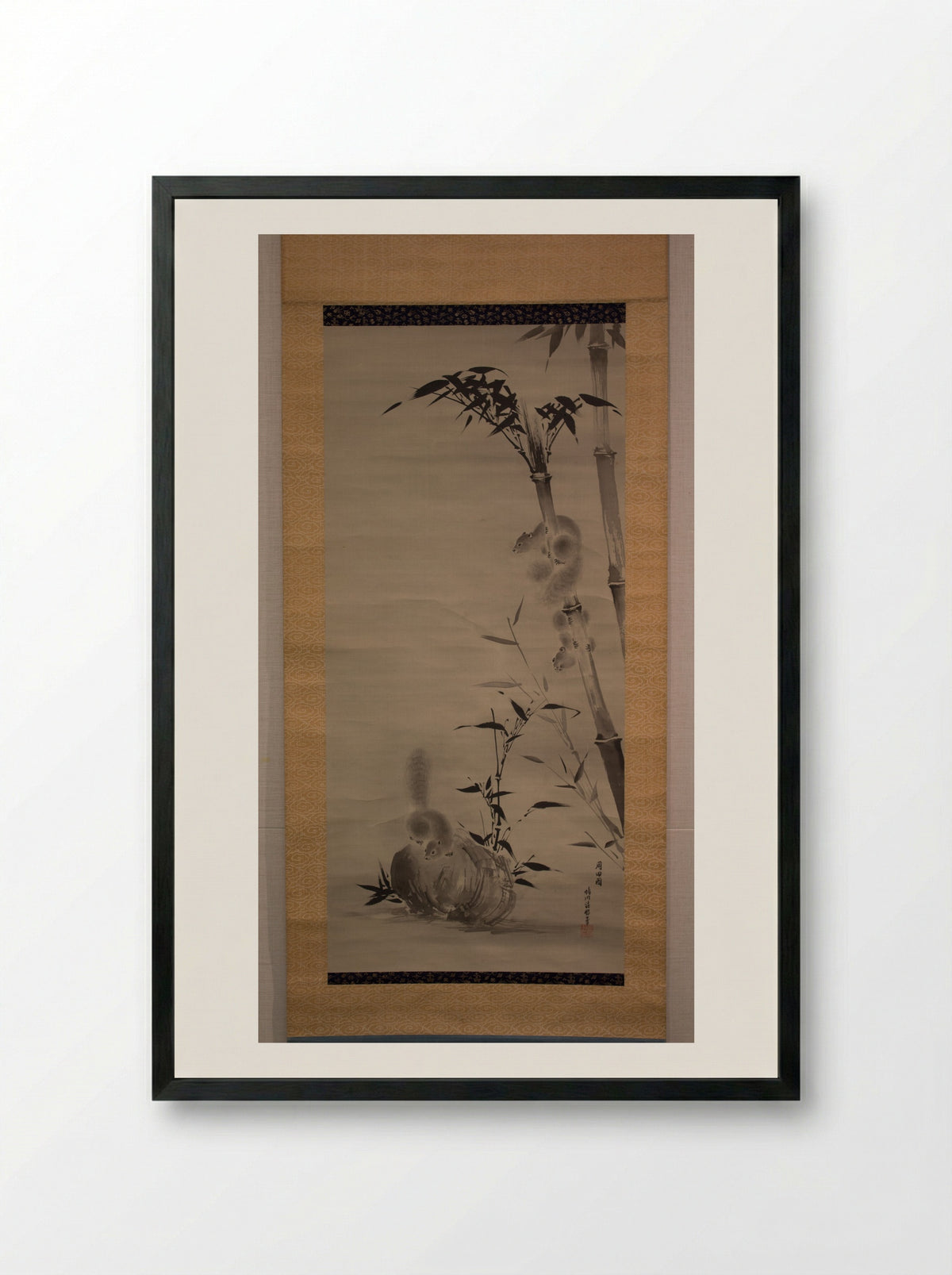 Squirrels on Bamboo and Rock - Kano Osanobu - Framed Print Black
