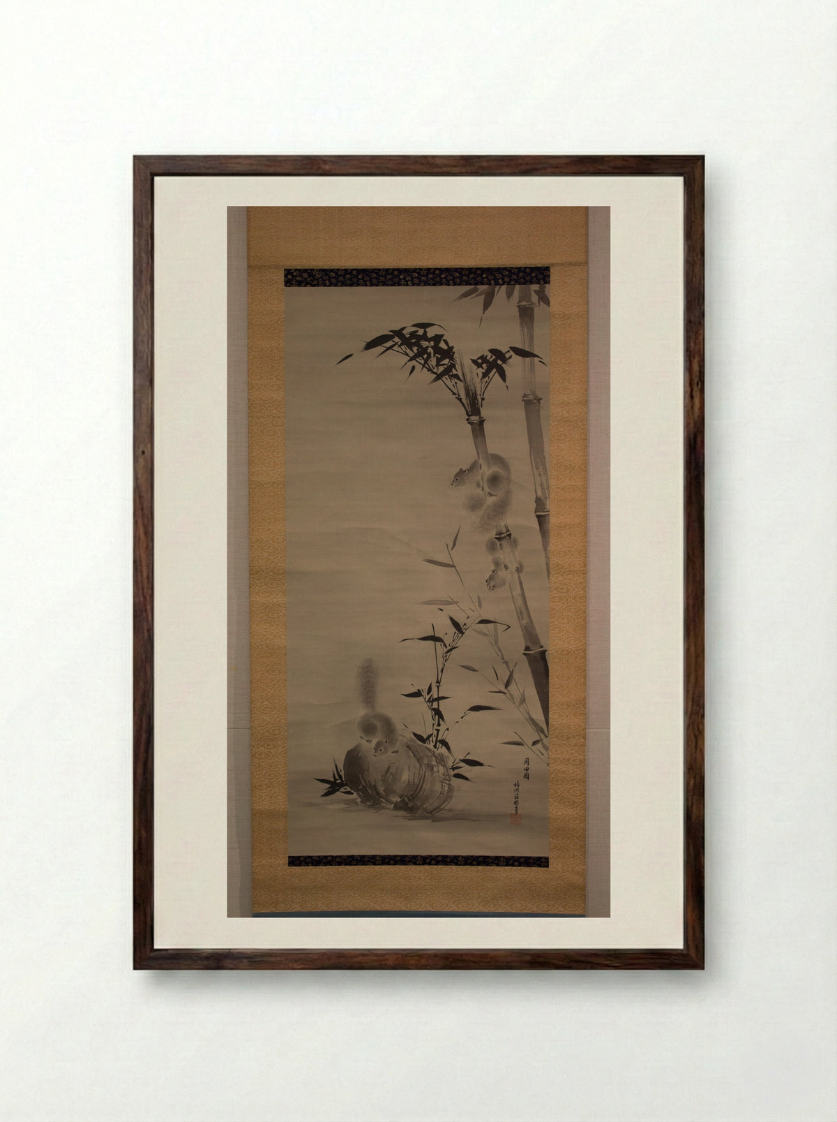 Squirrels on Bamboo and Rock - Kano Osanobu - Framed Print Dark Wood
