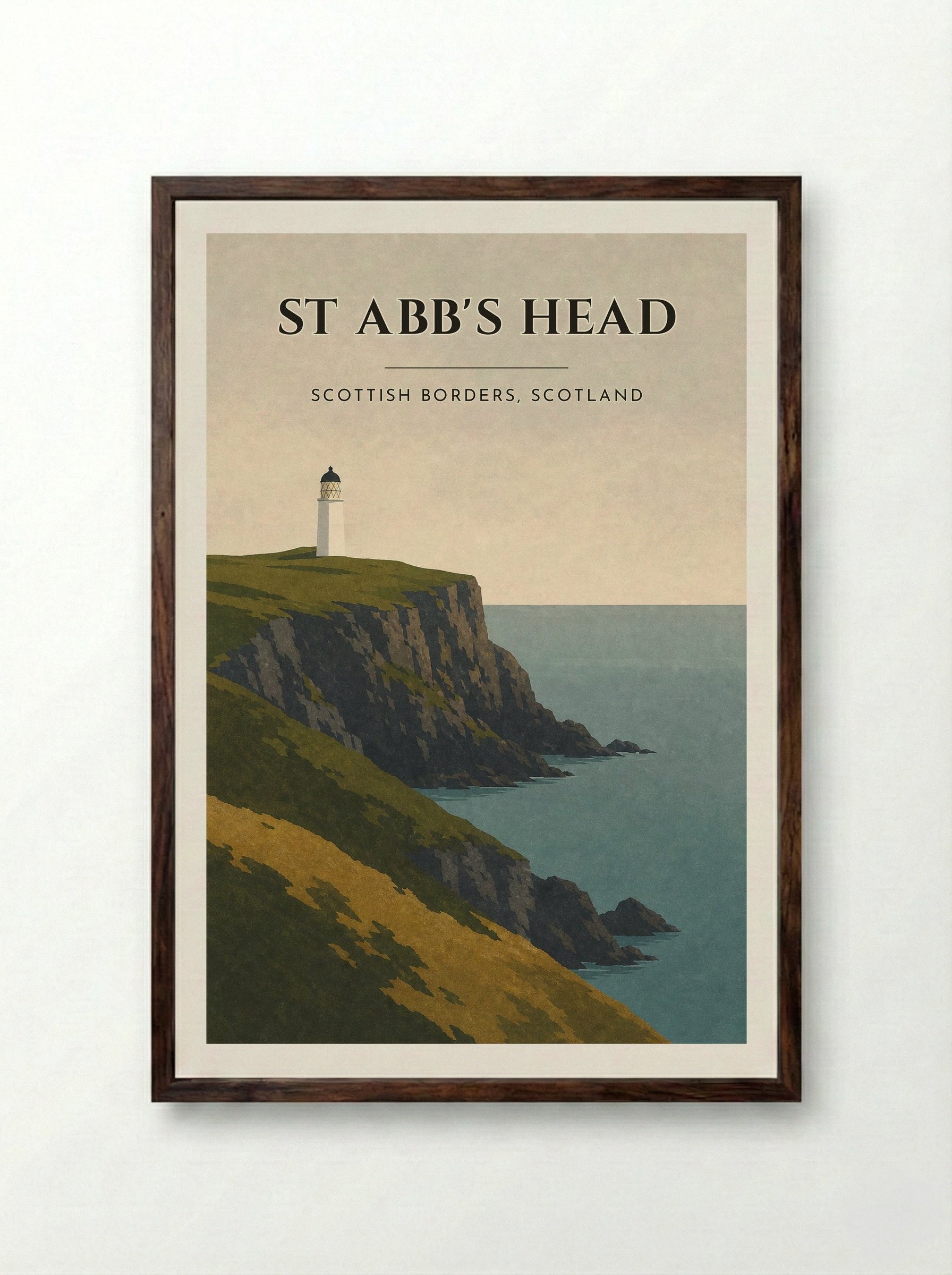 St Abb's Head Travel Poster Artwork - Framed Print Dark Wood