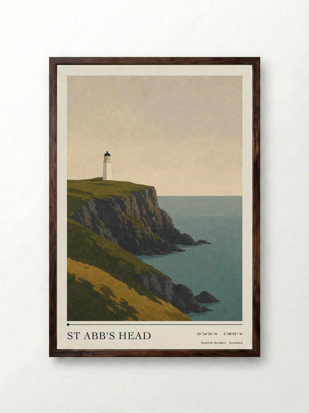 St Abb's Head Travel Poster Artwork - Framed Print Dark Wood