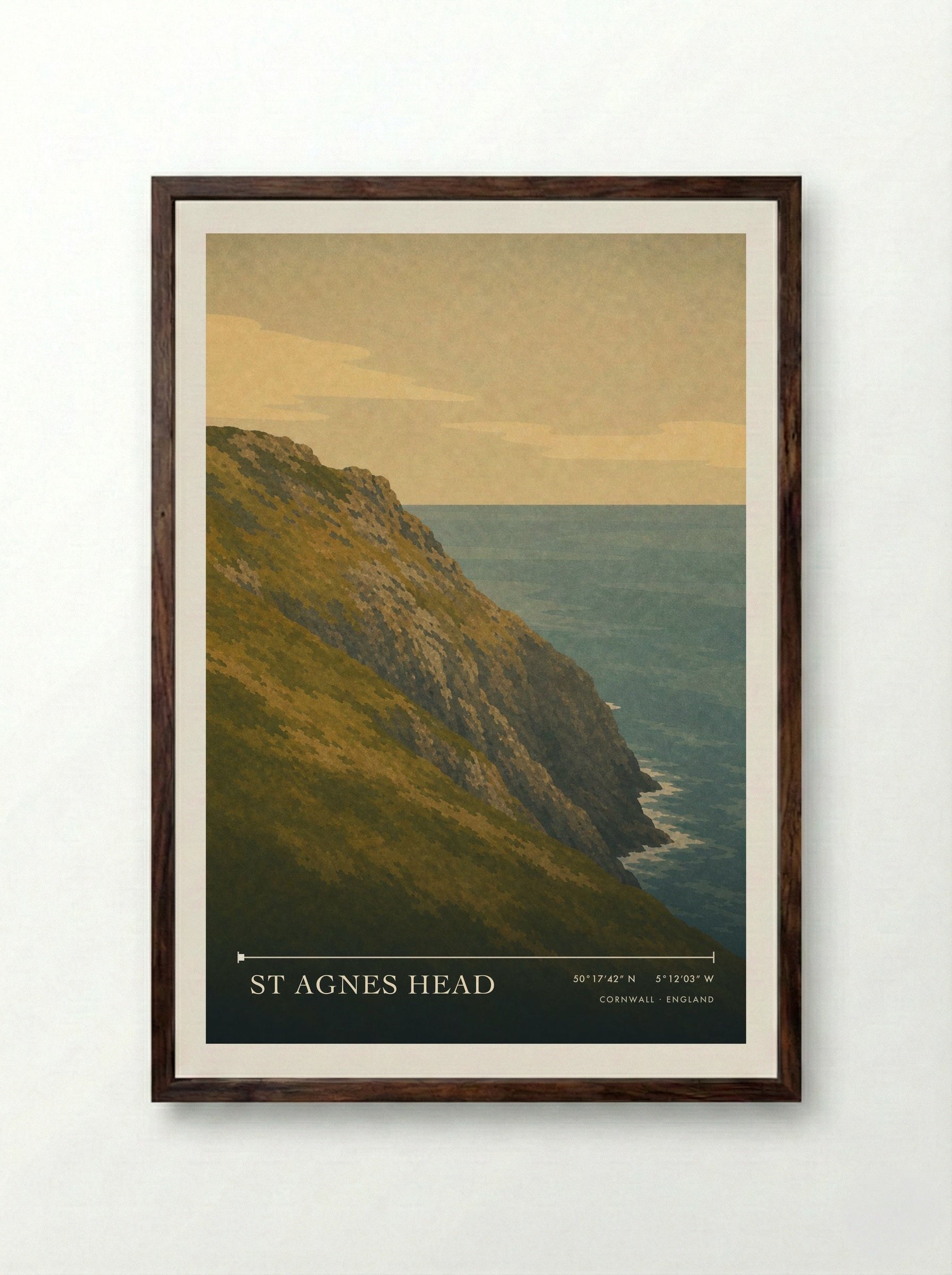 St Agnes Head Cornwall England Travel Poster - Framed Print Dark Wood