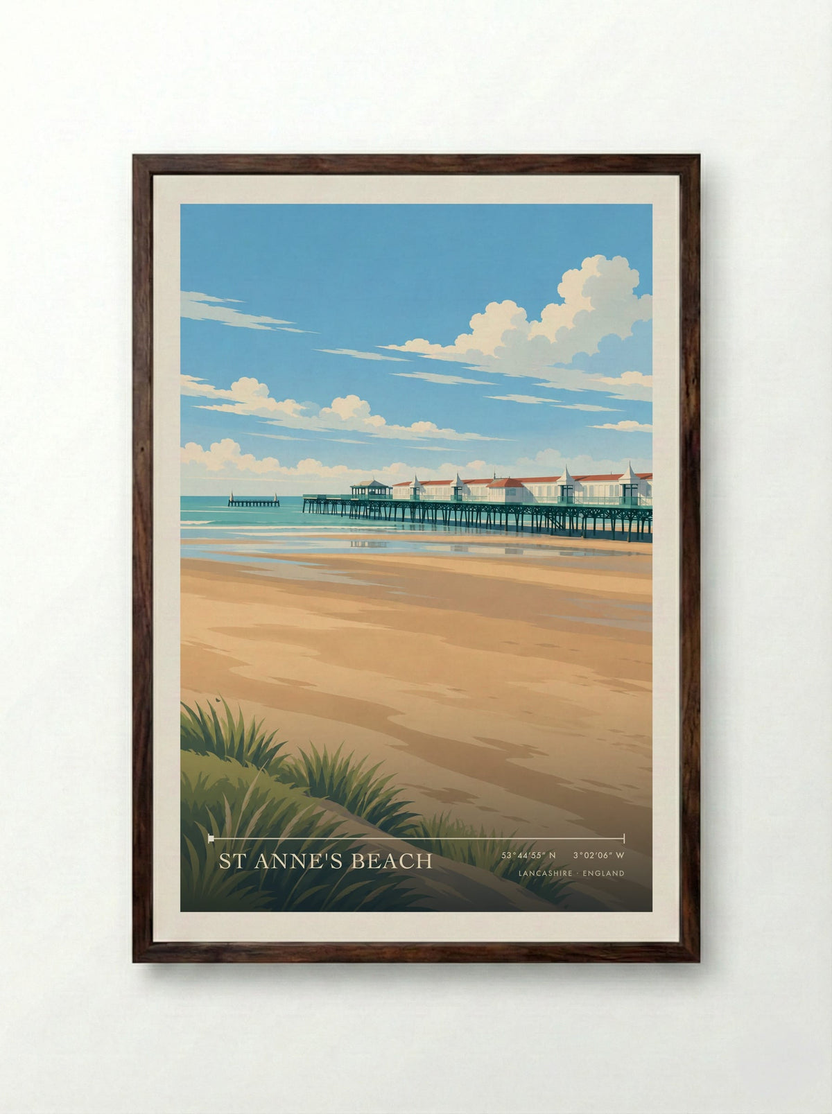 St Anne's Beach, Lancashire | Travel Poster - Framed Print Dark Wood