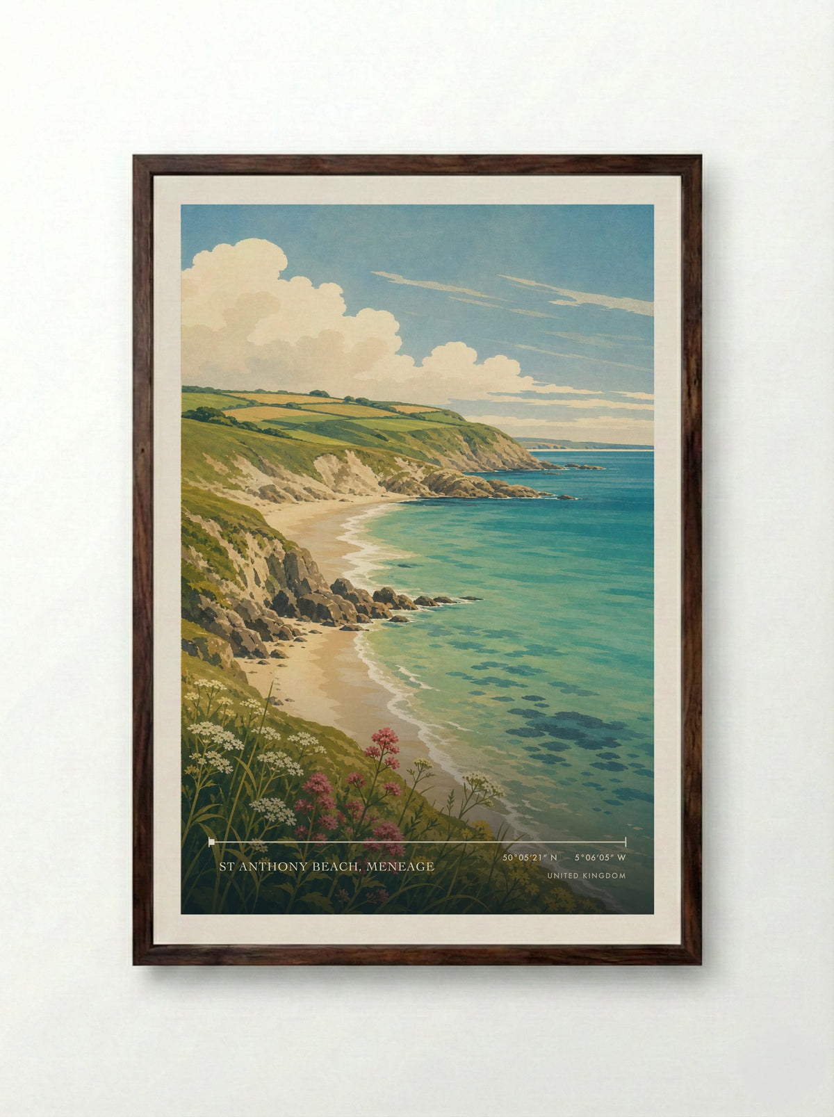 St Anthony Beach United Kingdom Travel Poster - Framed Print Dark Wood