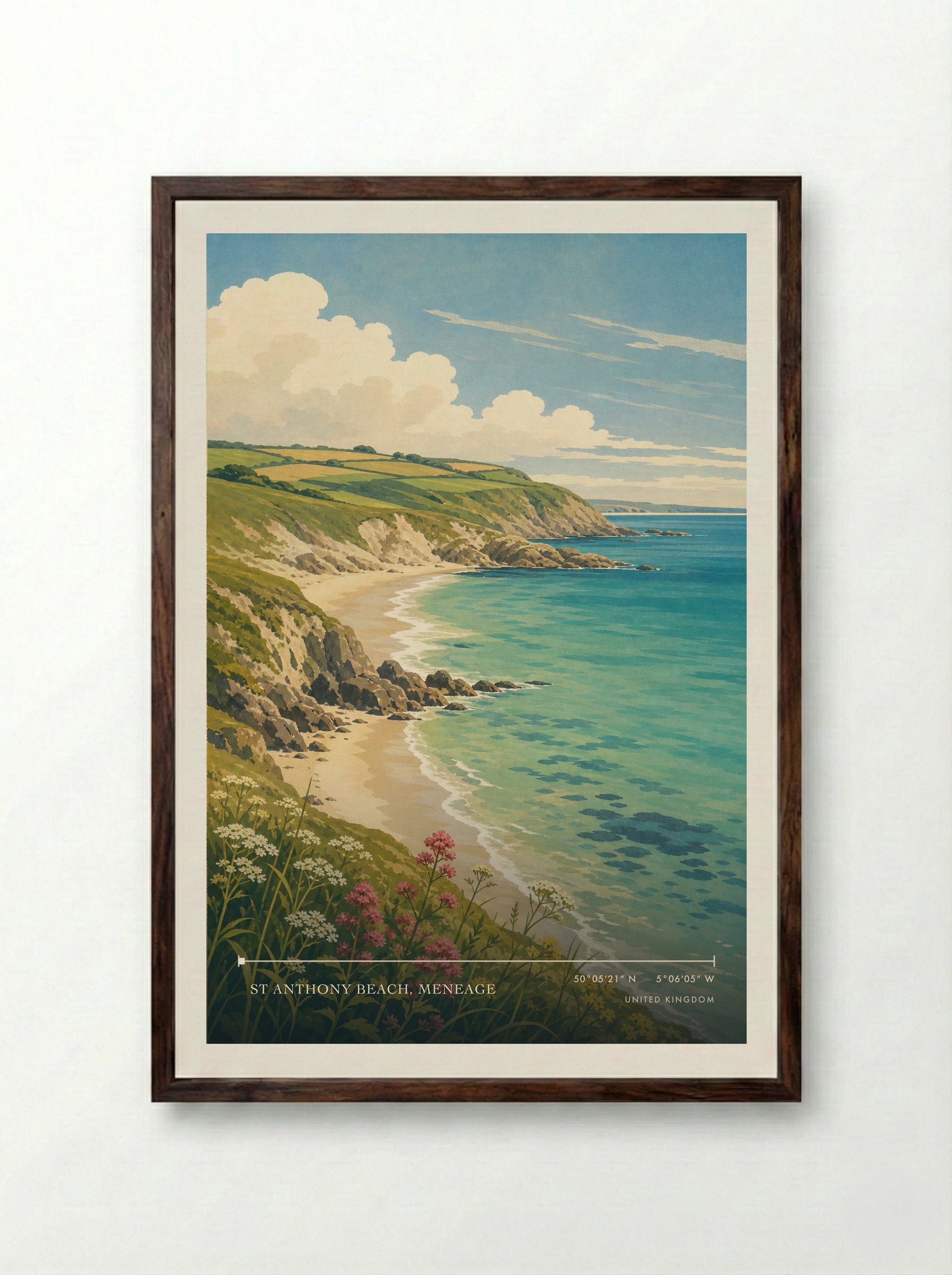 St Anthony Beach United Kingdom Travel Poster - Framed Print Dark Wood