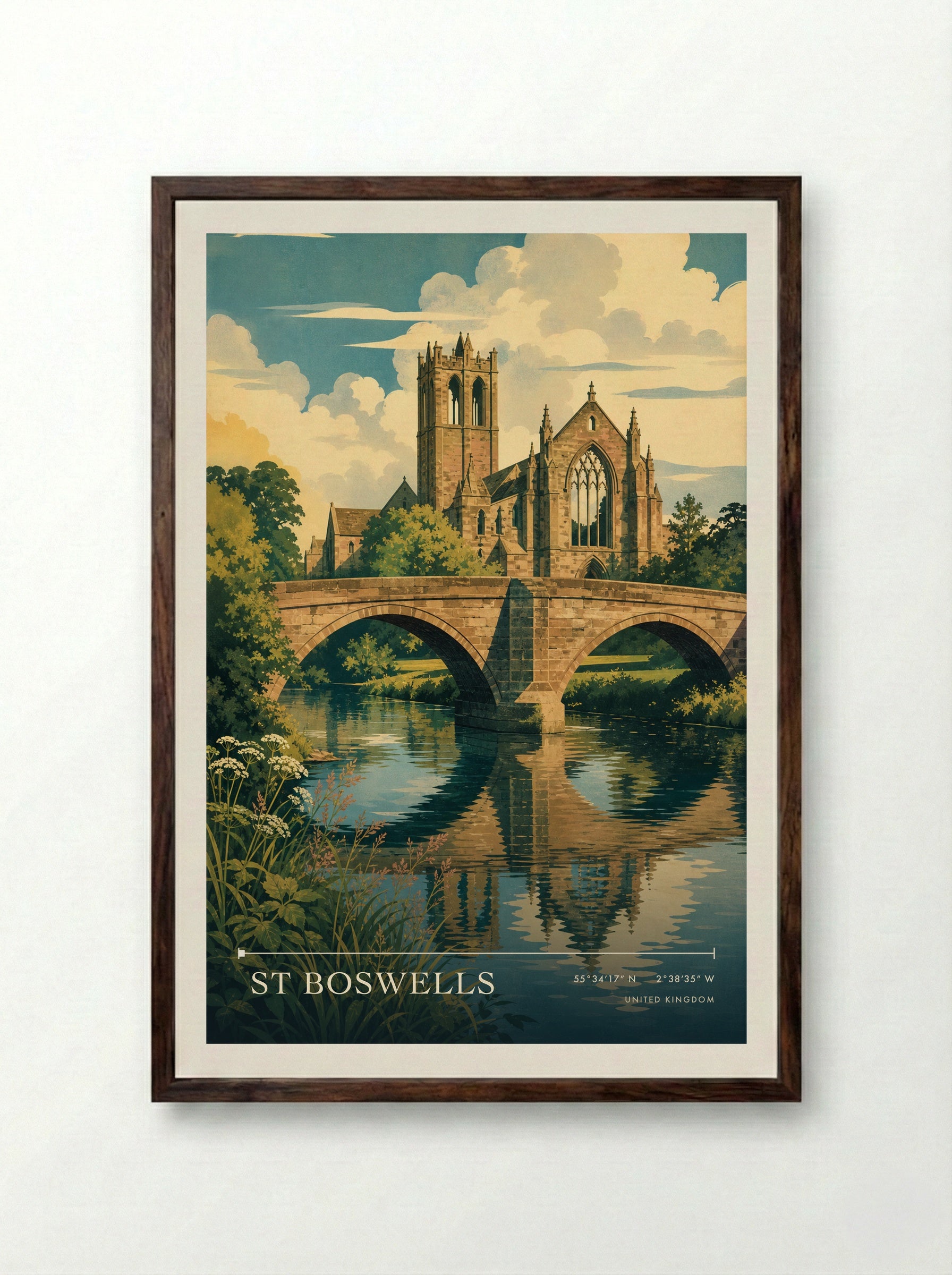 St Boswells United Kingdom Travel Poster - Framed Print Dark Wood