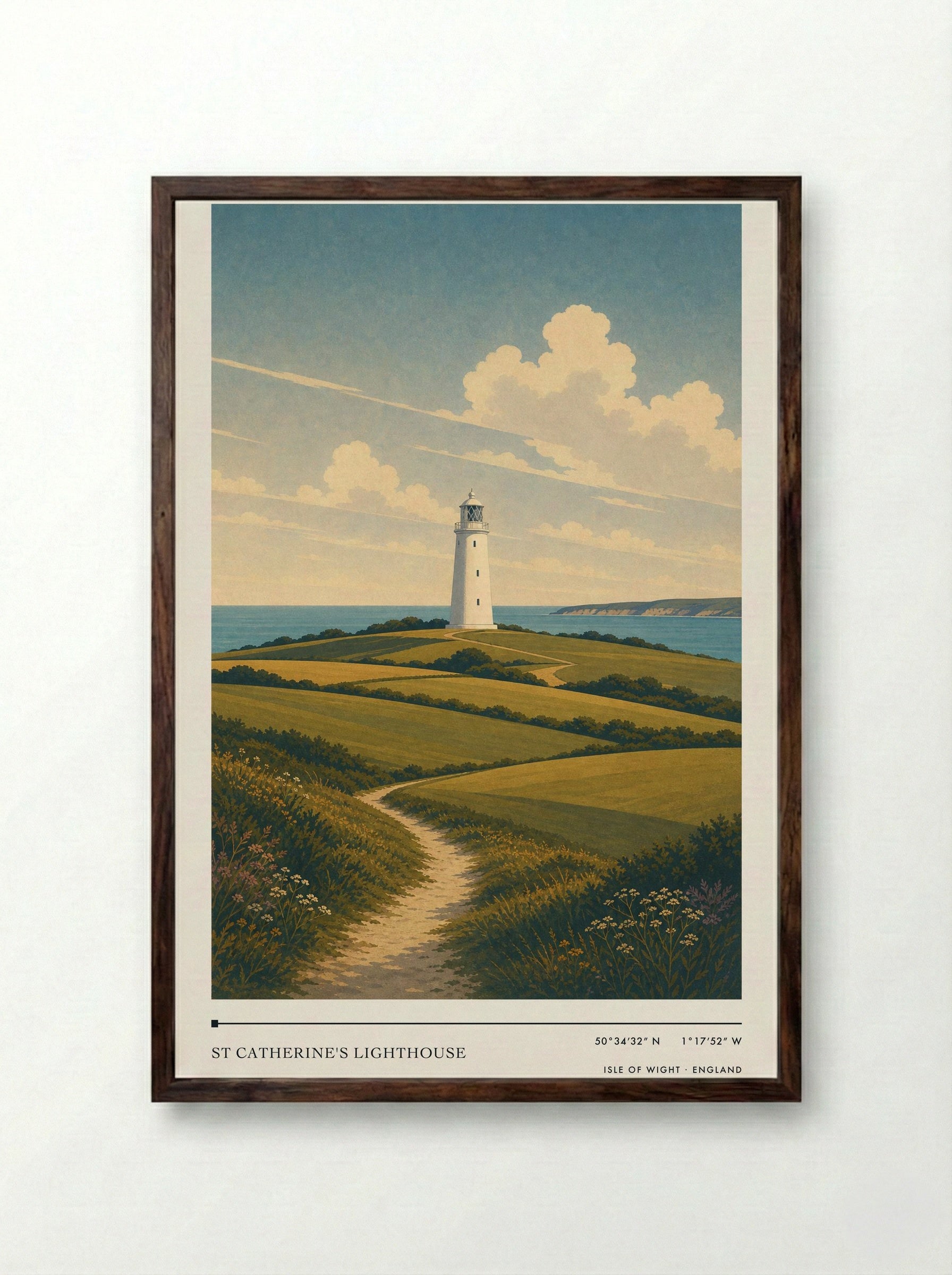 St Catherine's Lighthouse Isle of Wight England Travel Poster - Framed Print Dark Wood