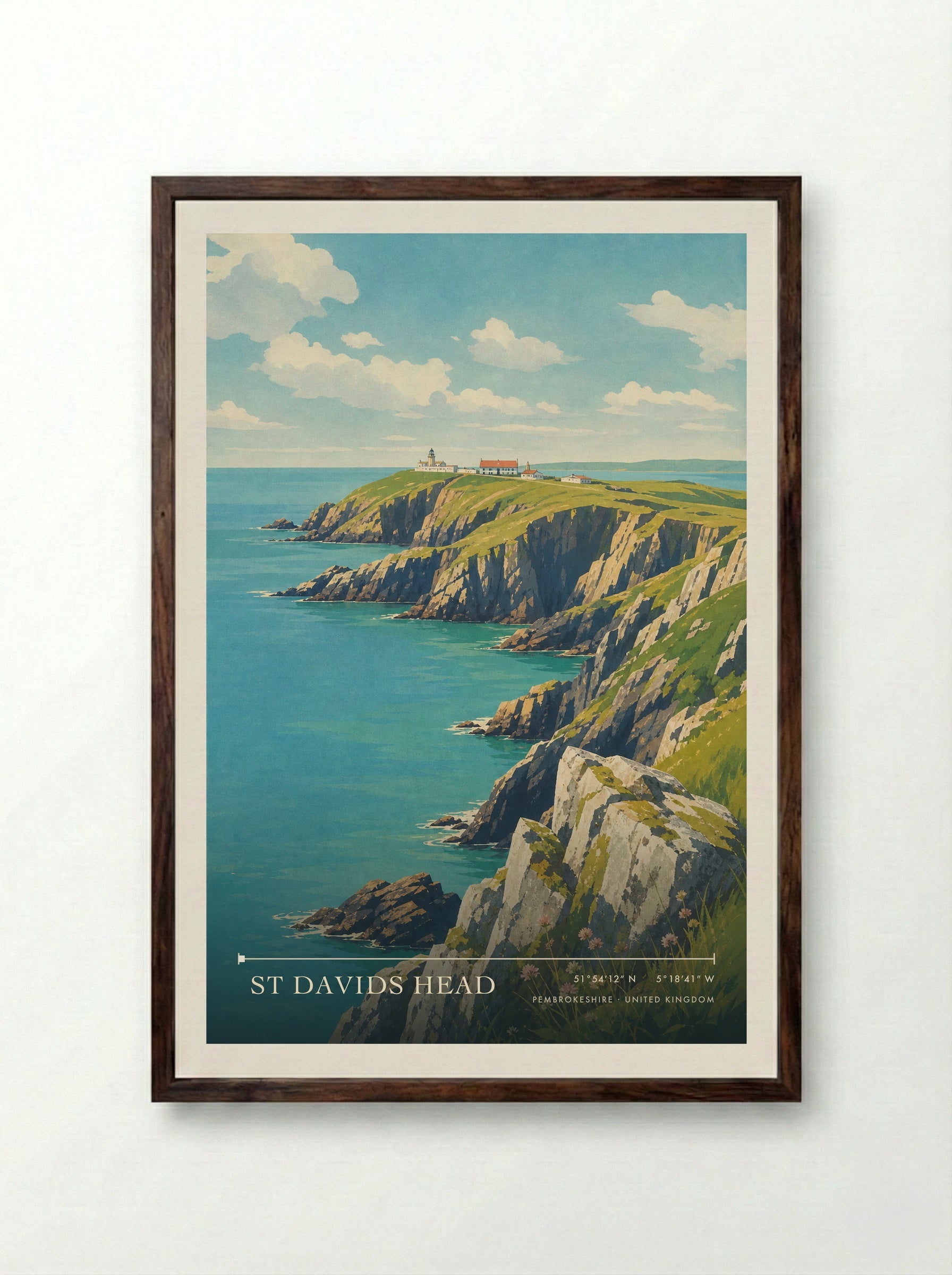 St Davids Head Pembrokeshire United Kingdom Travel Poster - Framed Print Dark Wood