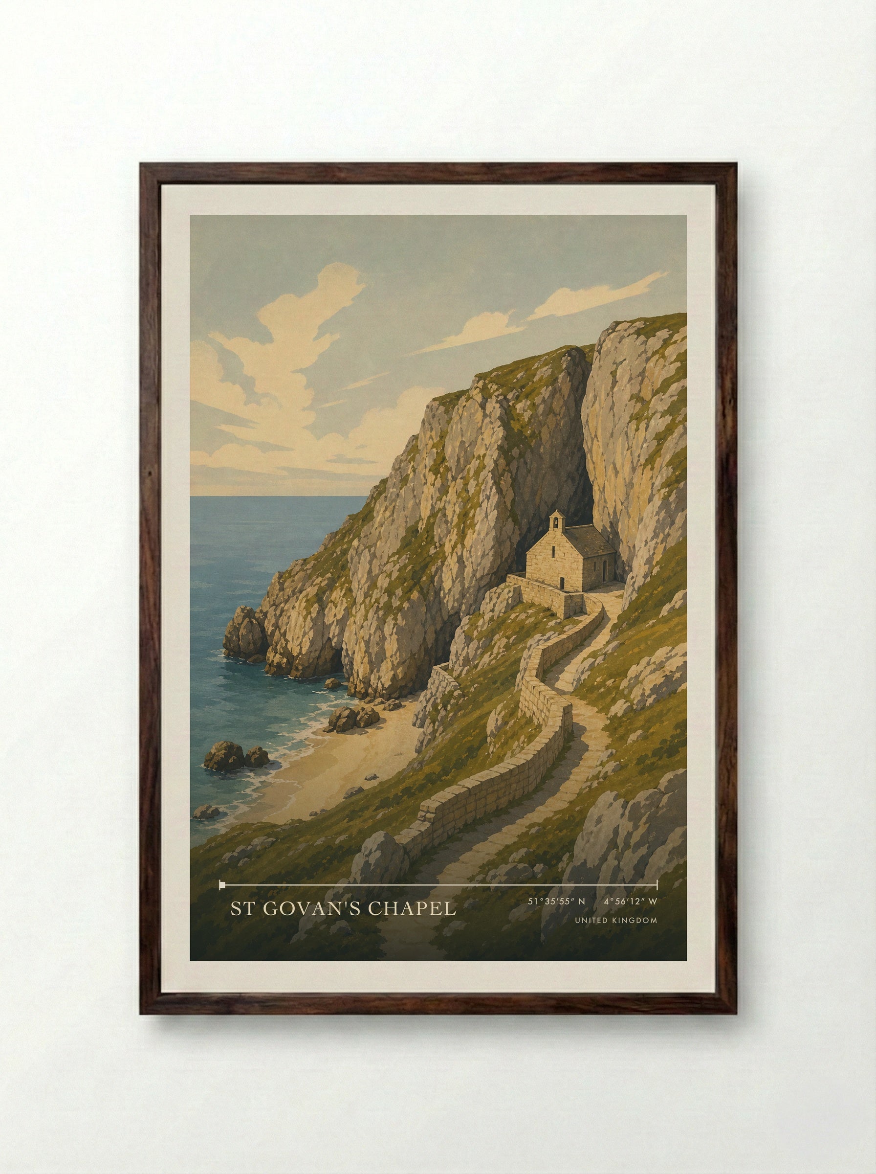 St Govan's Chapel United Kingdom Travel Poster - Framed Print Dark Wood