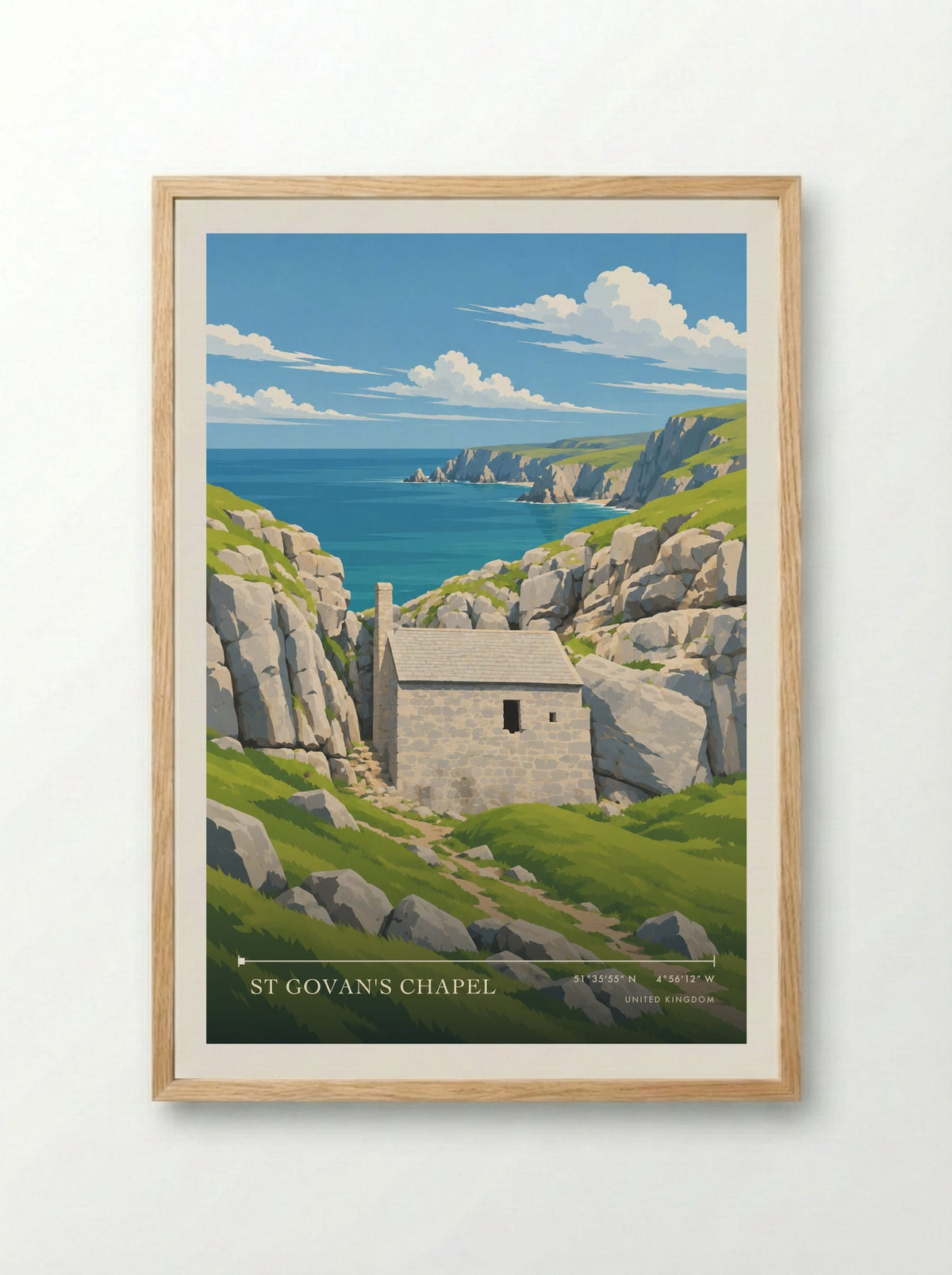 St Govan's Chapel | Travel Poster - Framed Print Wood