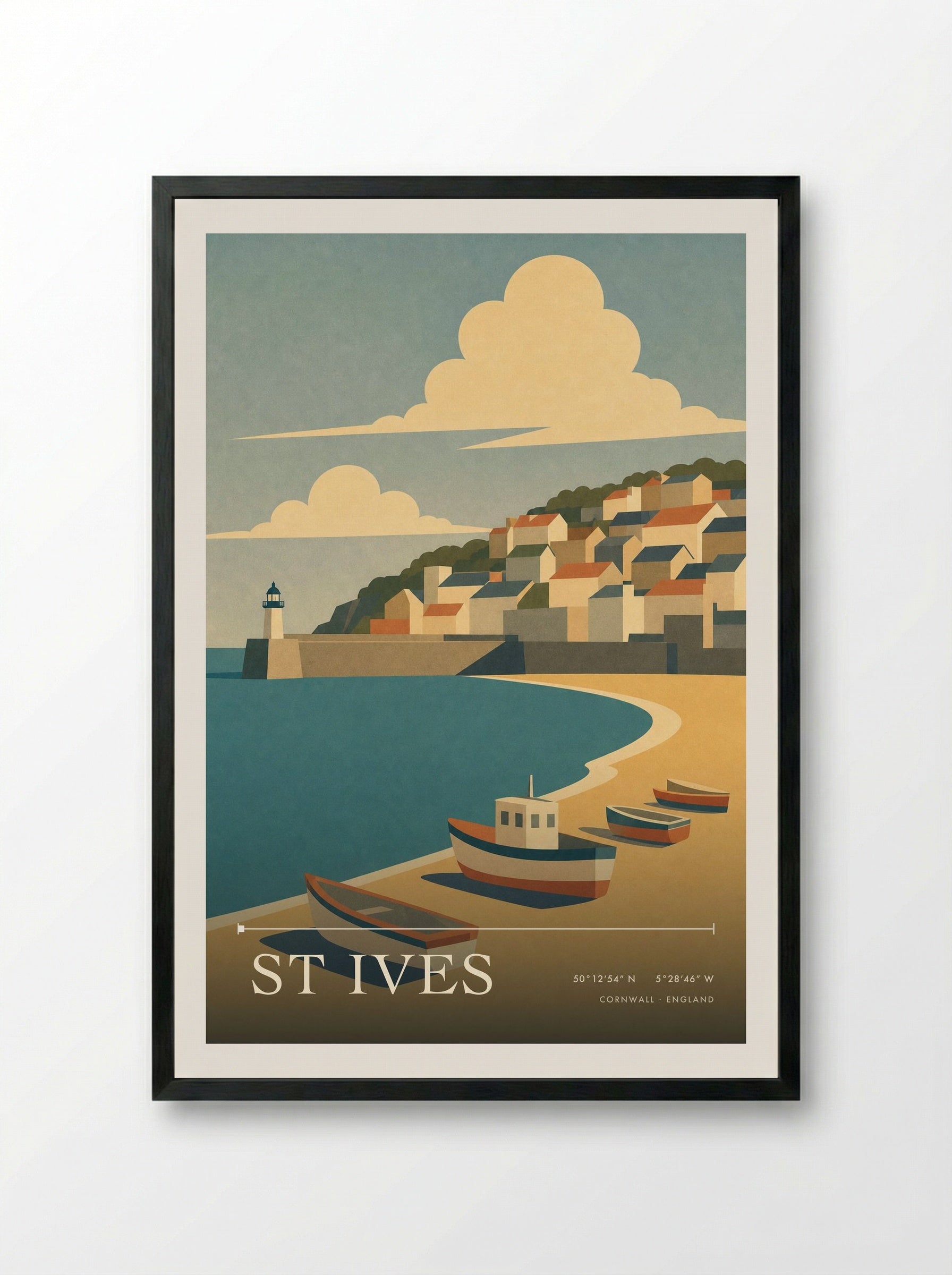 St Ives Cornwall Travel Poster - Framed Print Black