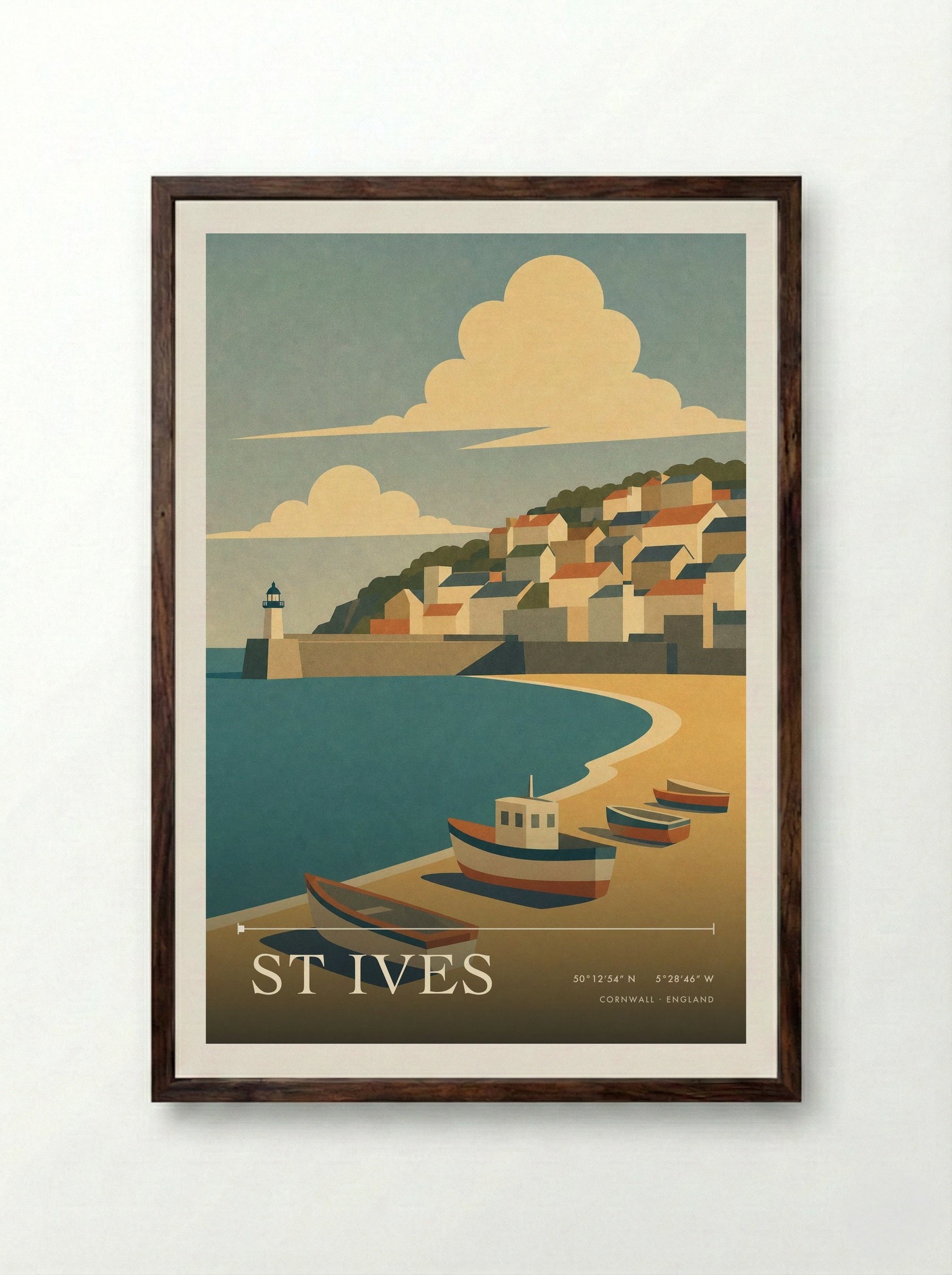 St Ives Cornwall Travel Poster - Framed Print Dark Wood