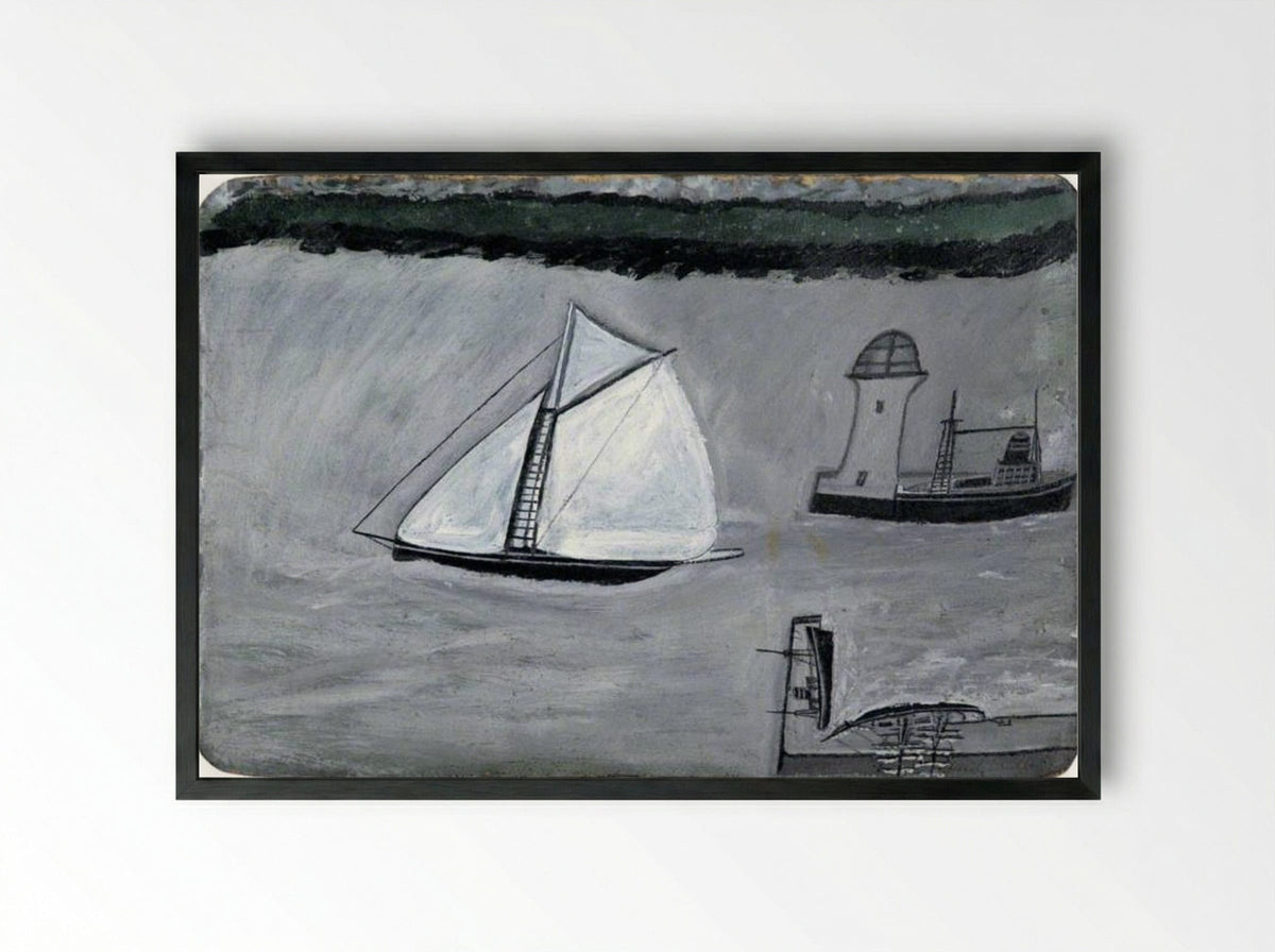 St Ives Harbour with White Sailing Ship - Alfred Wallis - Framed Print Black