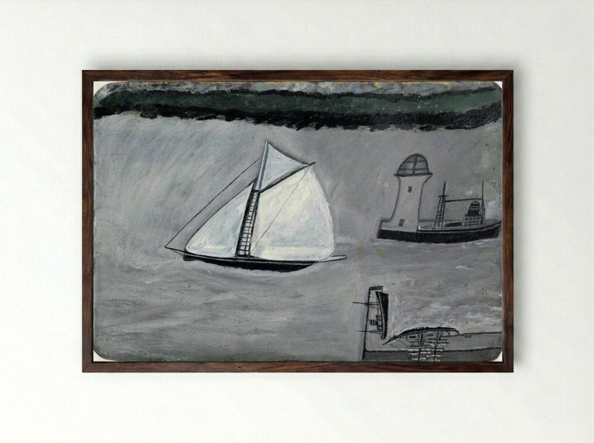 St Ives Harbour with White Sailing Ship - Alfred Wallis - Framed Print Dark Wood