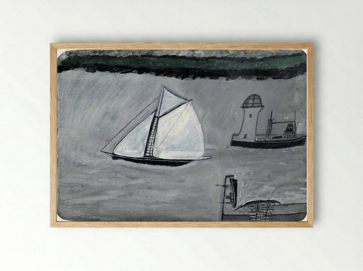 St Ives Harbour with White Sailing Ship - Alfred Wallis - Framed Print Wood