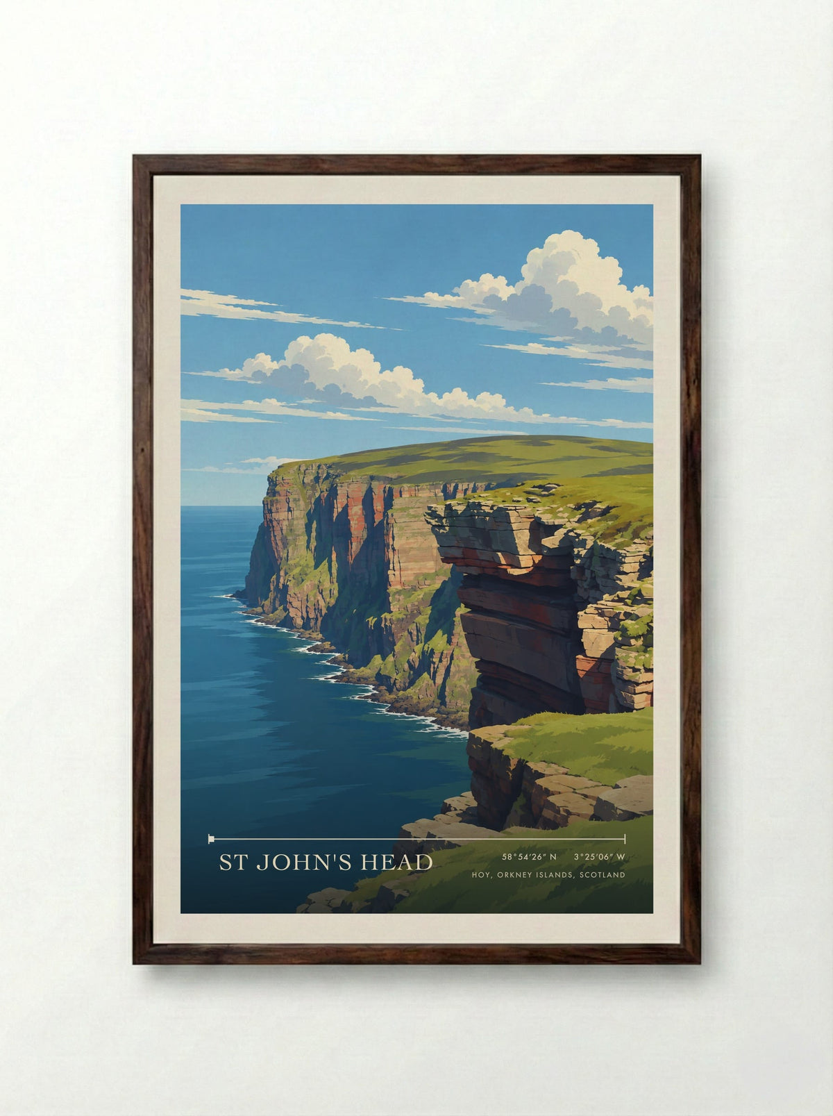 St John's Head, Hoy, Orkney Islands, Scotland | Travel Poster - Framed Print Dark Wood