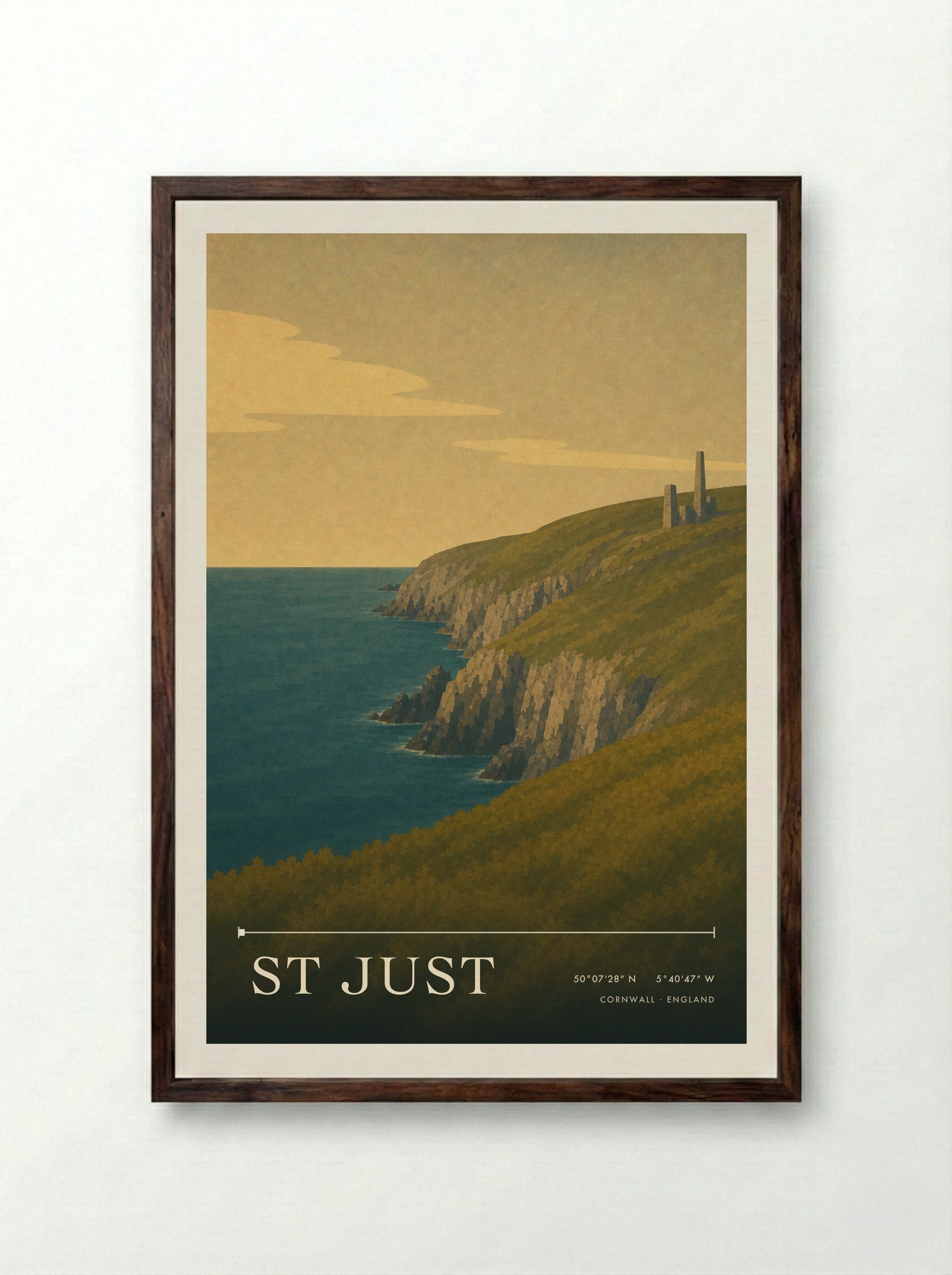 St Just Cornwall England Travel Poster - Framed Print Dark Wood