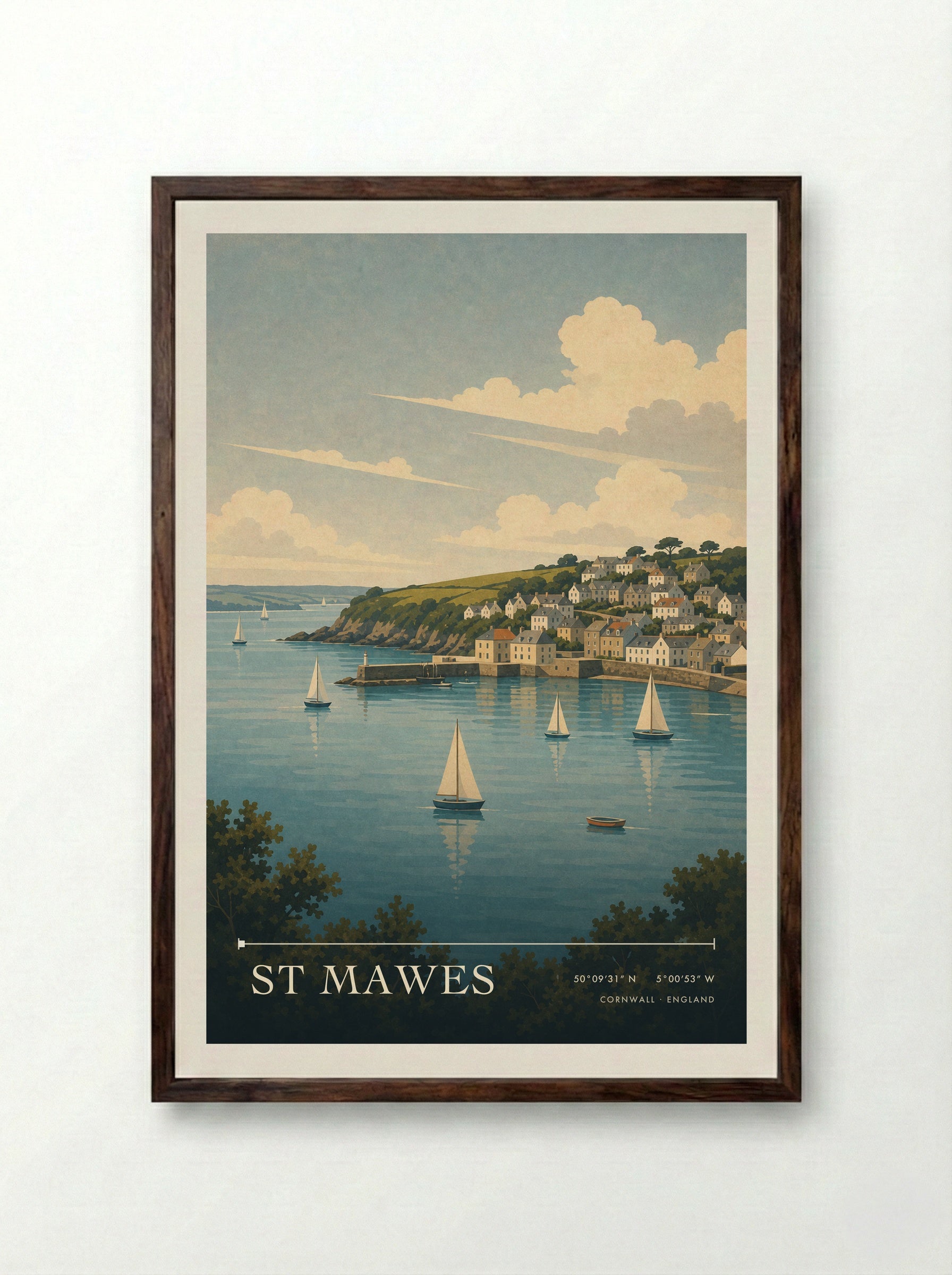 St Mawes Cornwall England Travel Poster - Framed Print Dark Wood
