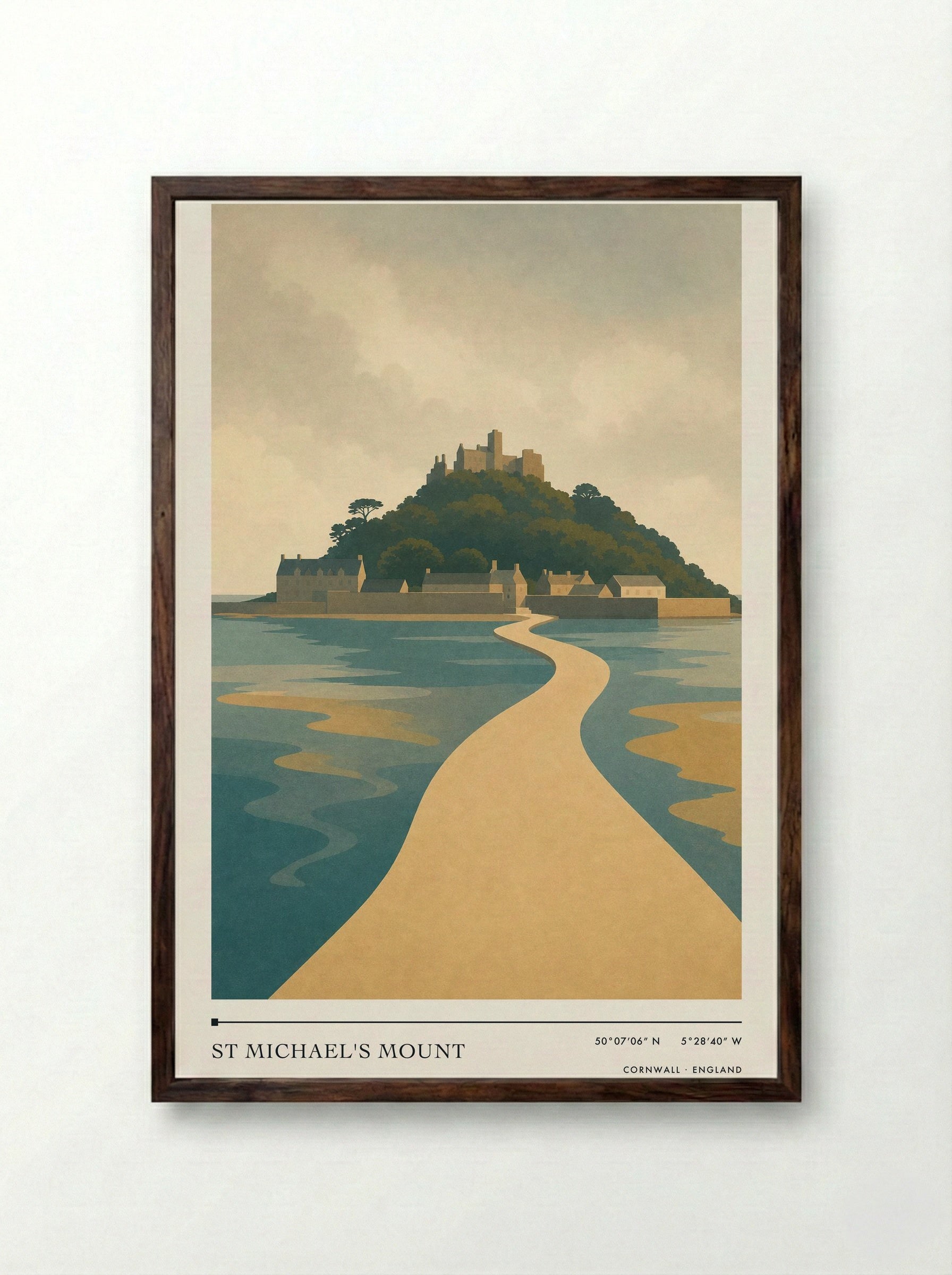 St Michael's Mount Travel Poster Artwork - Framed Print Dark Wood