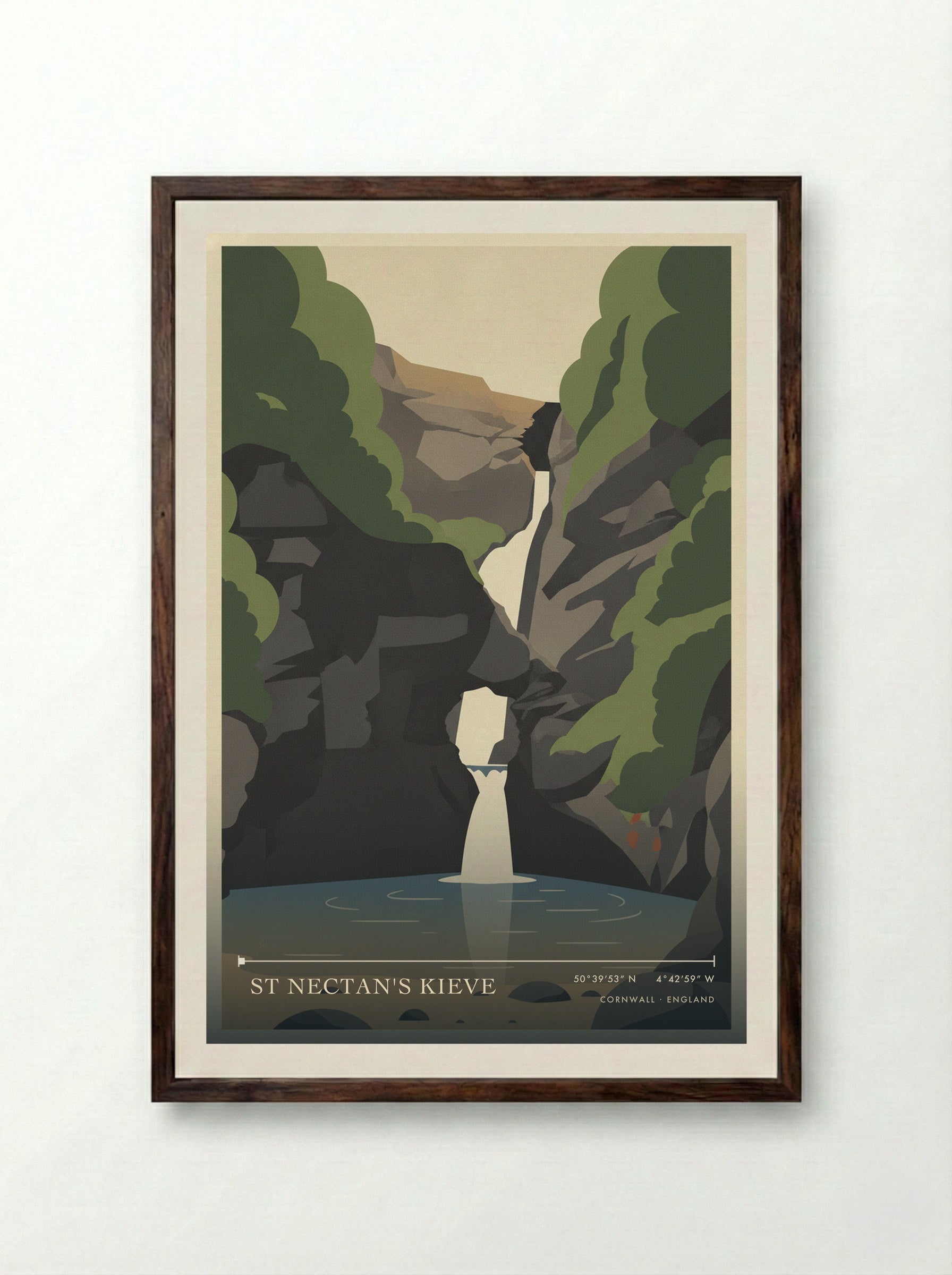 St Nectan's Kieve Cornwall England Travel Poster - Framed Print Dark Wood