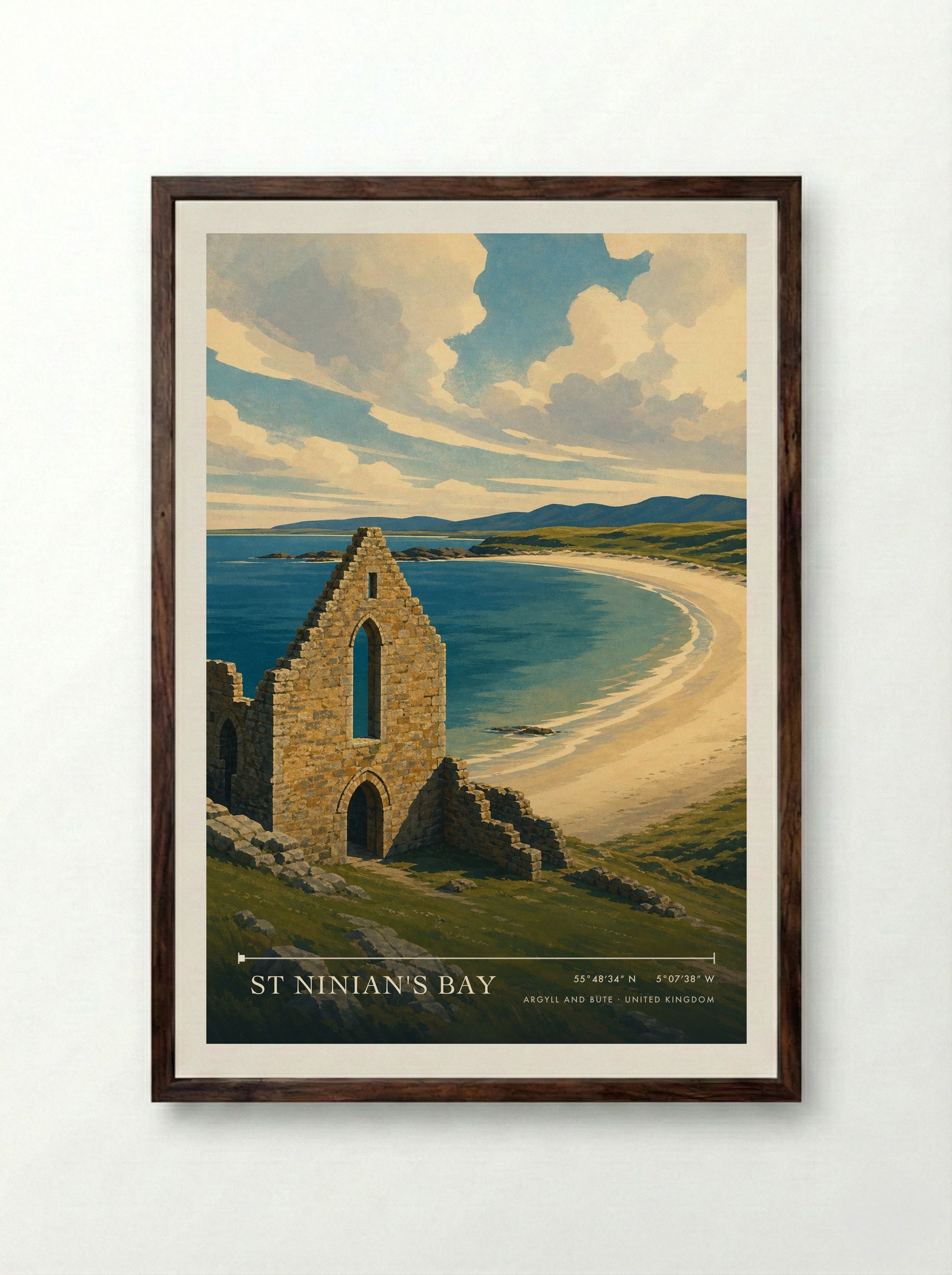 St Ninian's Bay Argyll and Bute United Kingdom Travel Poster - Framed Print Dark Wood