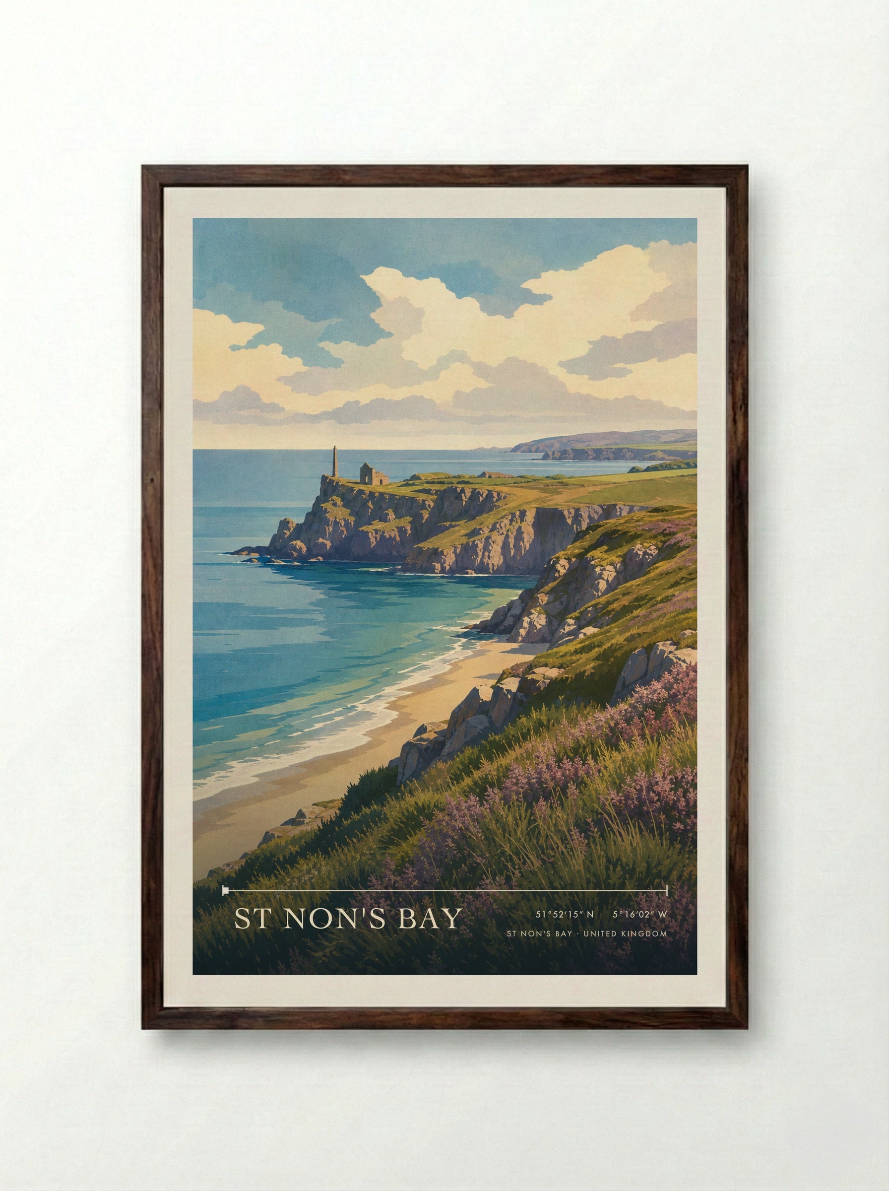 St Non's Bay United Kingdom Travel Poster - Framed Print Dark Wood