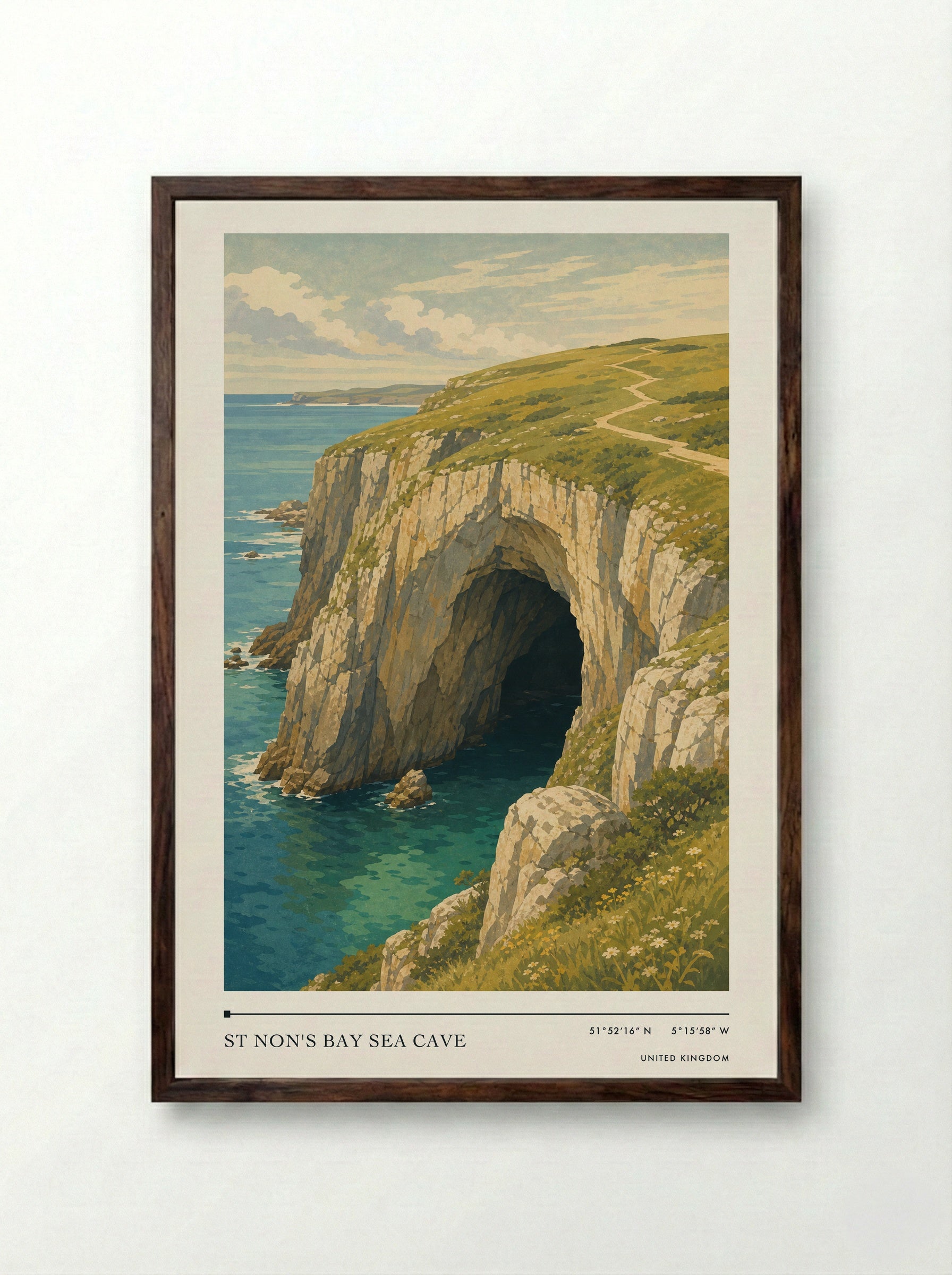 St Non's Bay sea cave United Kingdom Travel Poster - Framed Print Dark Wood