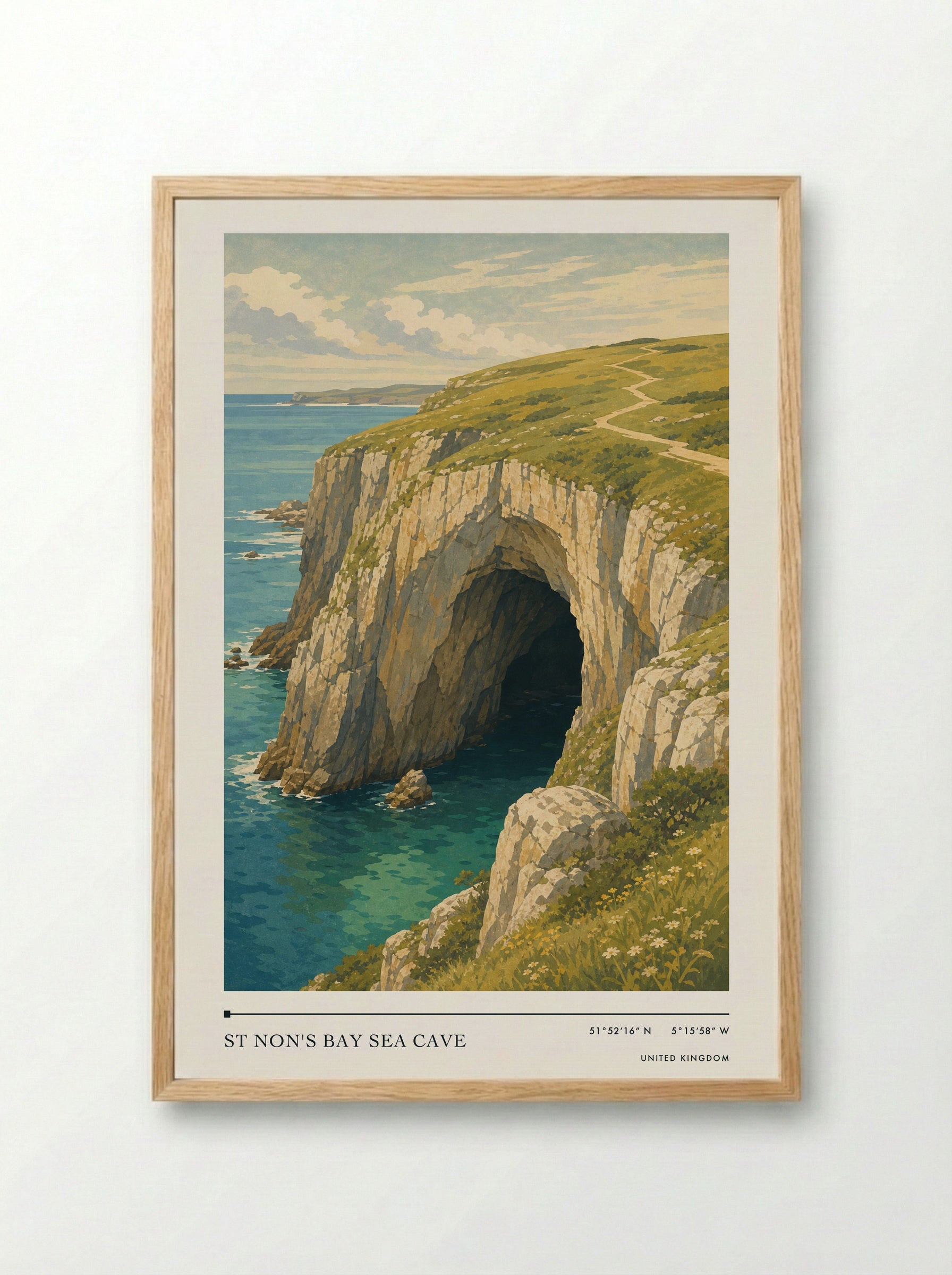 St Non's Bay sea cave United Kingdom Travel Poster - Framed Print Wood