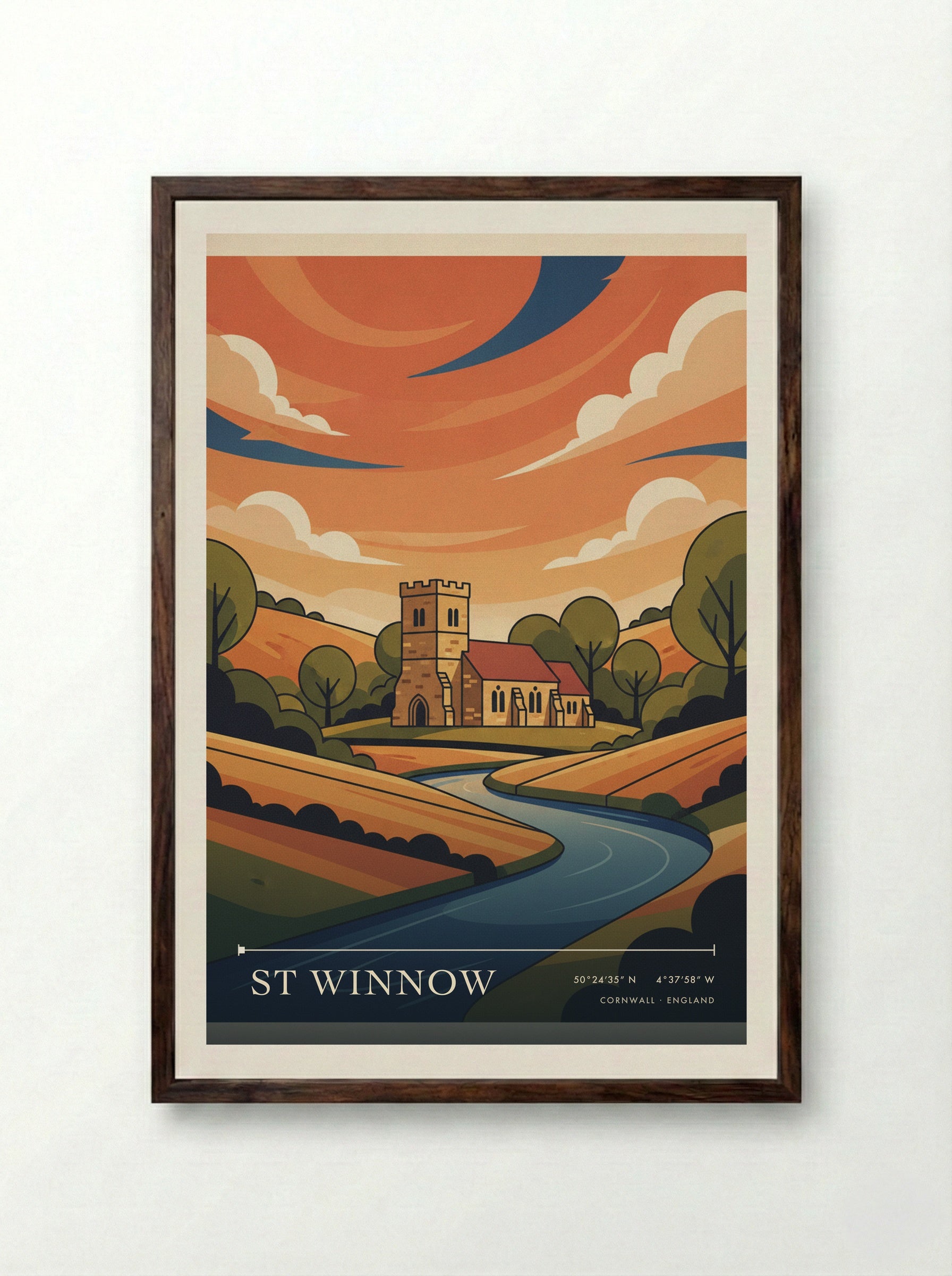 St Winnow Cornwall England Travel Poster - Framed Print Dark Wood