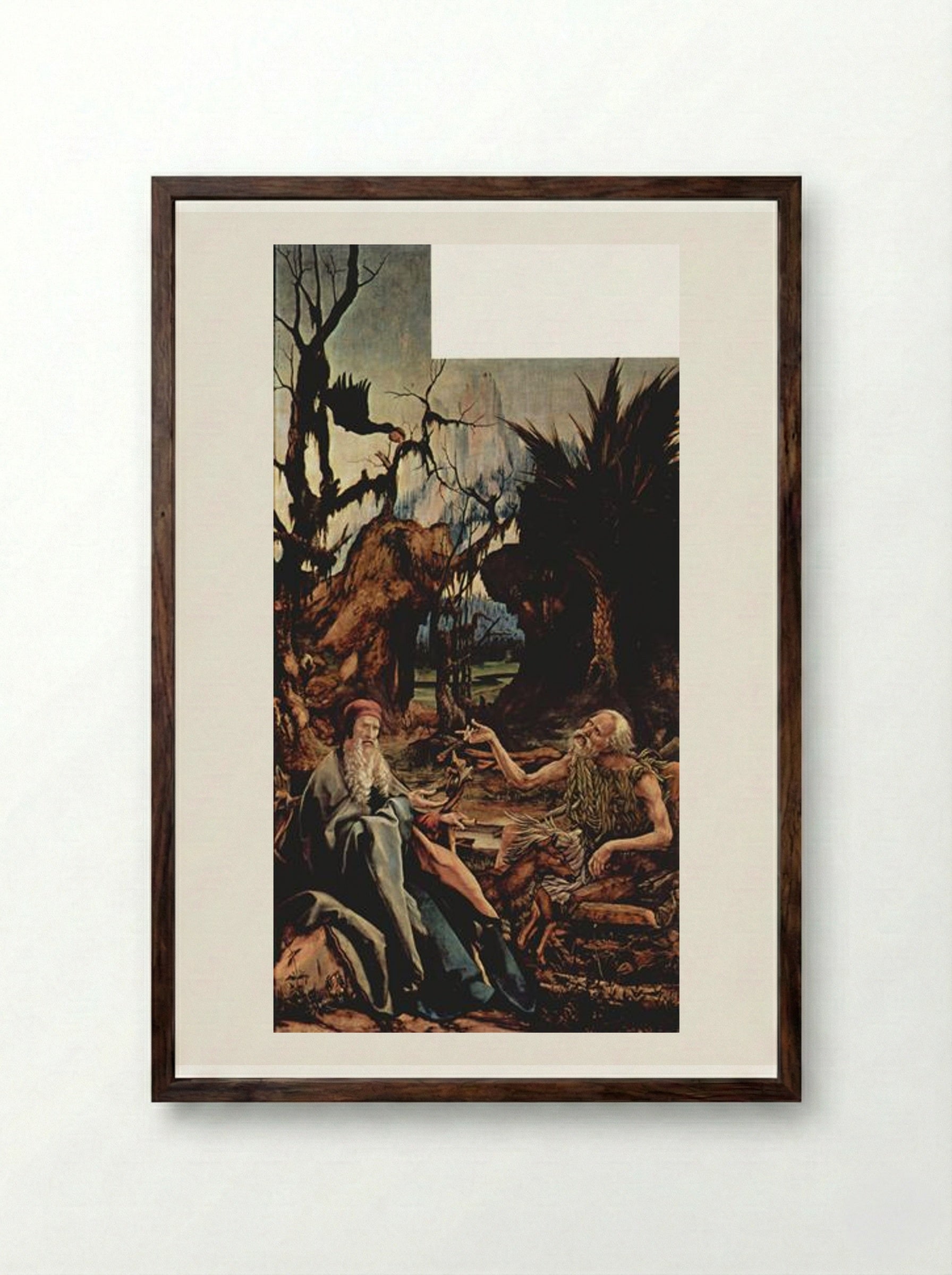 St. Anthony Visiting St. Paul the Hermit in the Desert - Matthias Grünewald - Framed Print Dark Wood