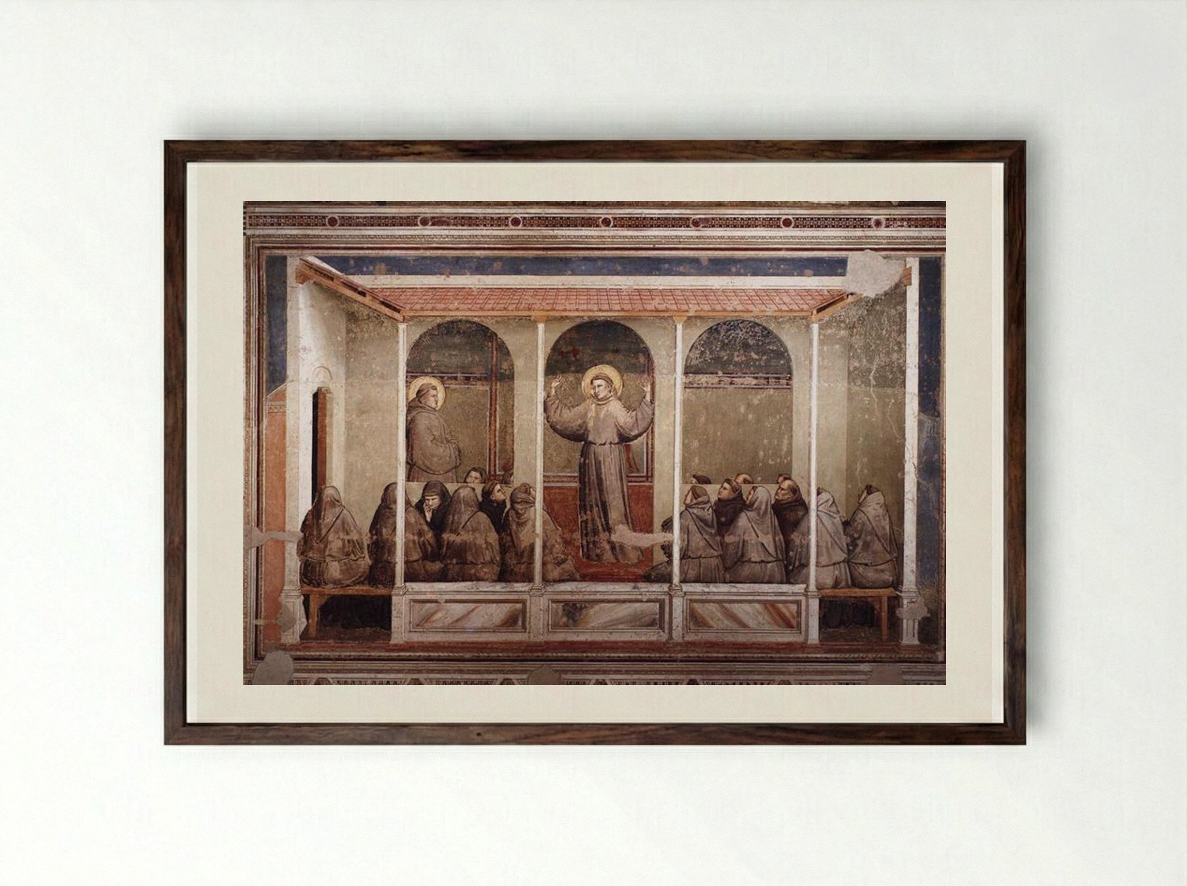 St. Francis Appears to St. Anthony in Arles - Giotto di Bondone - Framed Print Dark Wood