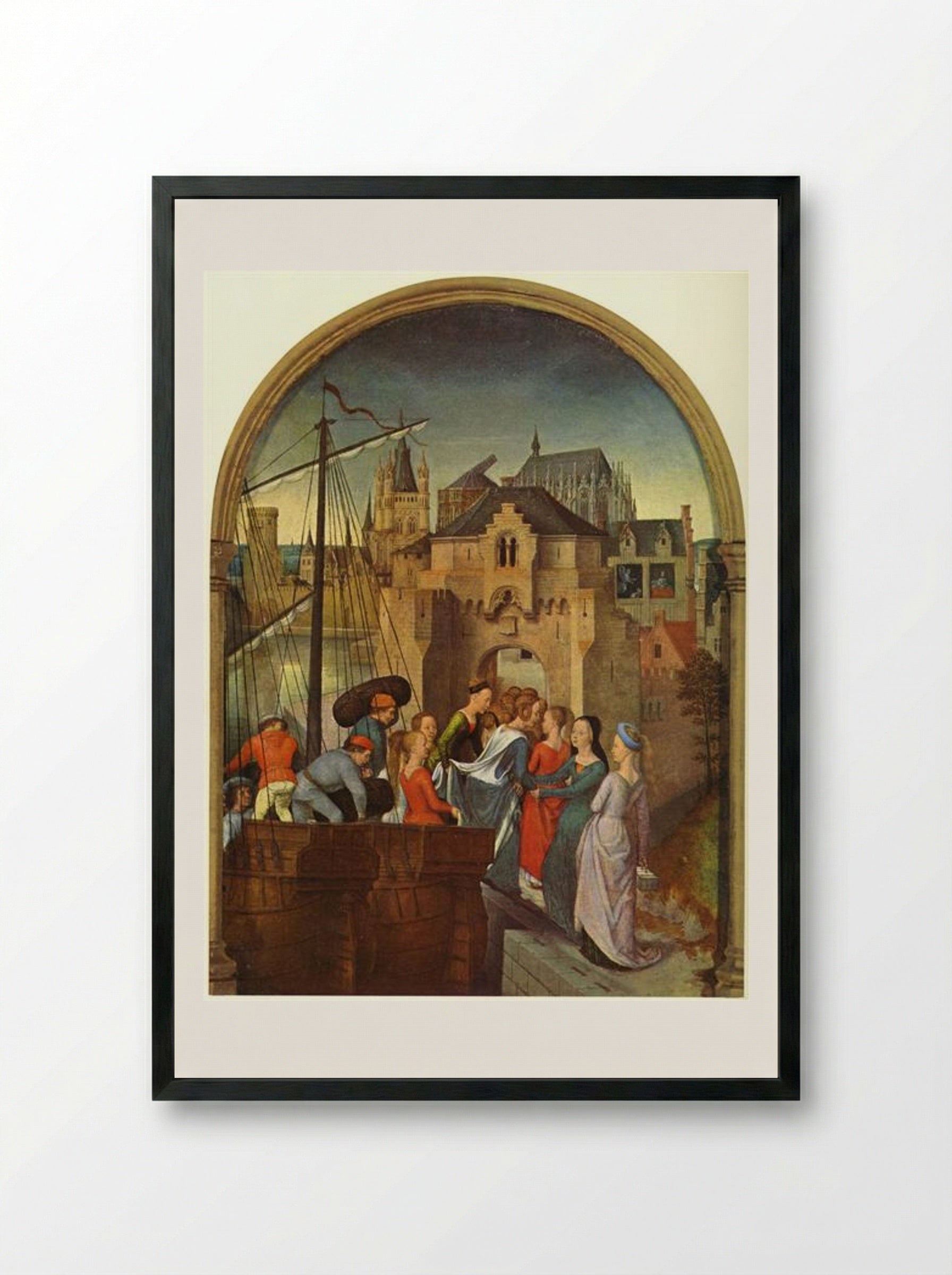 St. Ursula and her companions landing at Cologne - Hans Memling - Framed Print Black