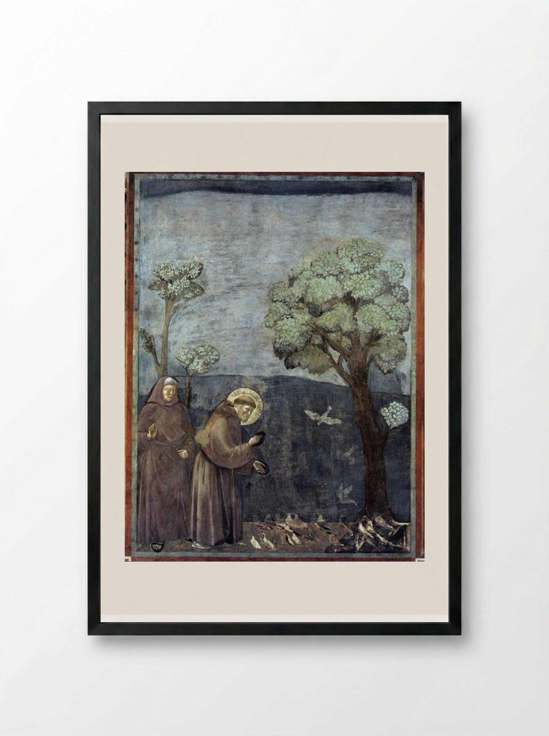 St. Francis Preaching to the Birds - Giotto di Bondone - Framed Print Black