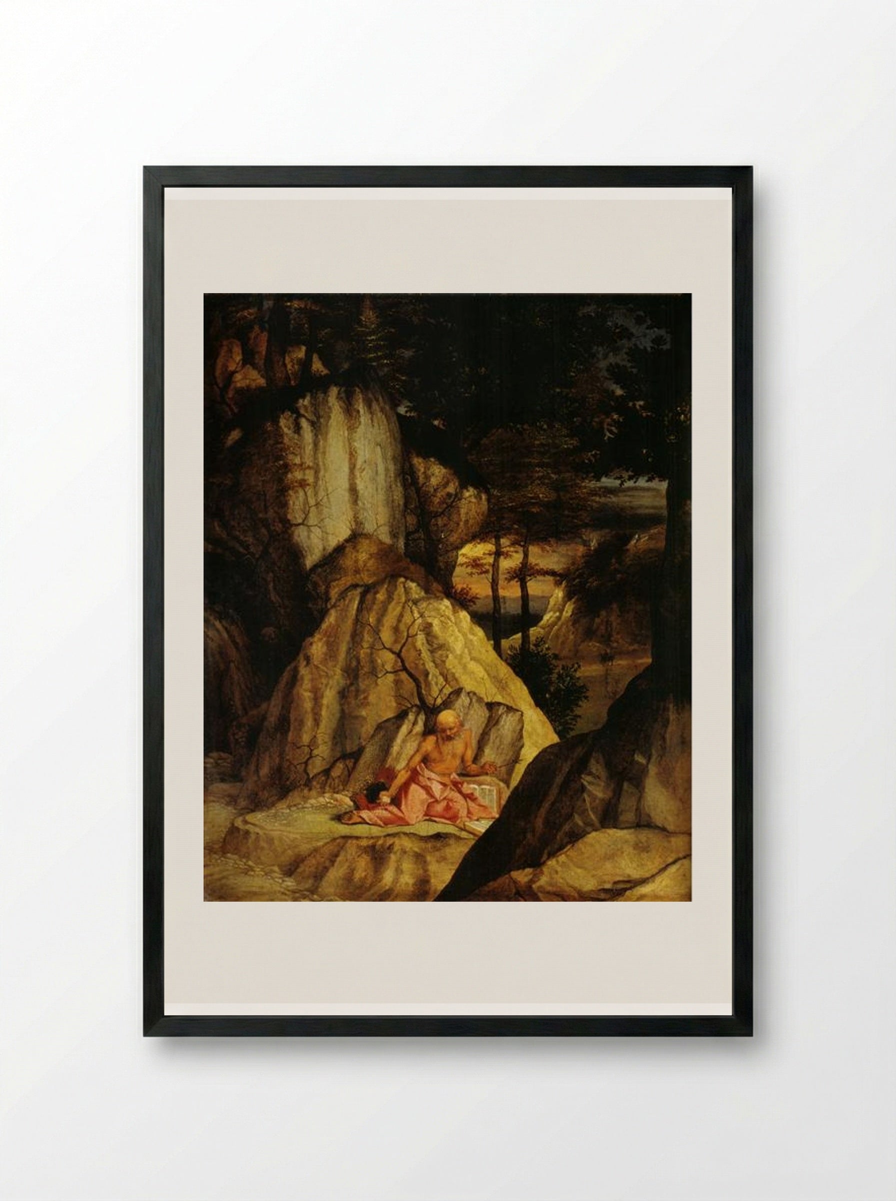 St. Jerome Meditating in the Desert - Lorenzo Lotto - Framed Print Black