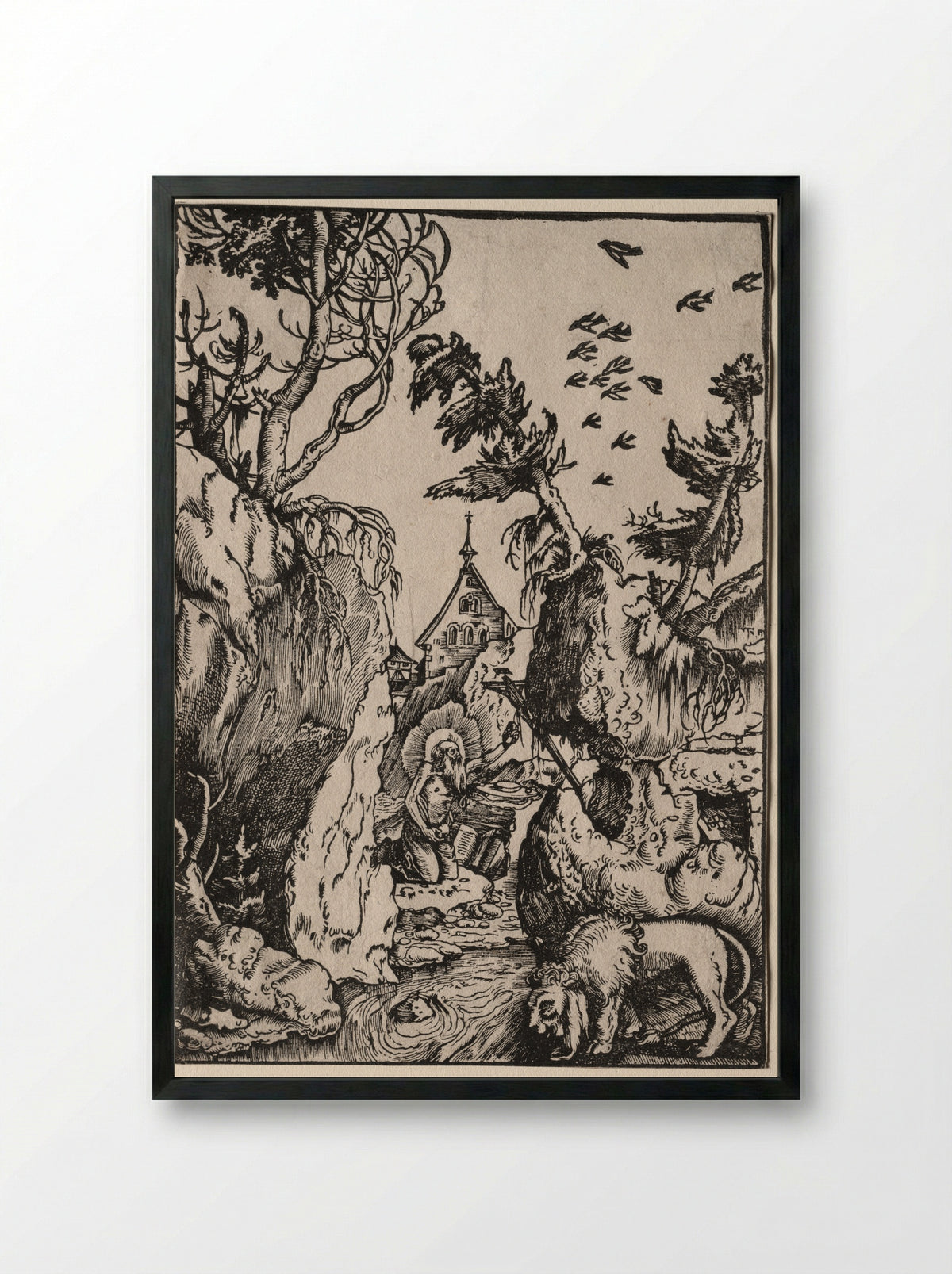 St. Jerome in the Wilderness - Hans Baldung - Framed Print Black