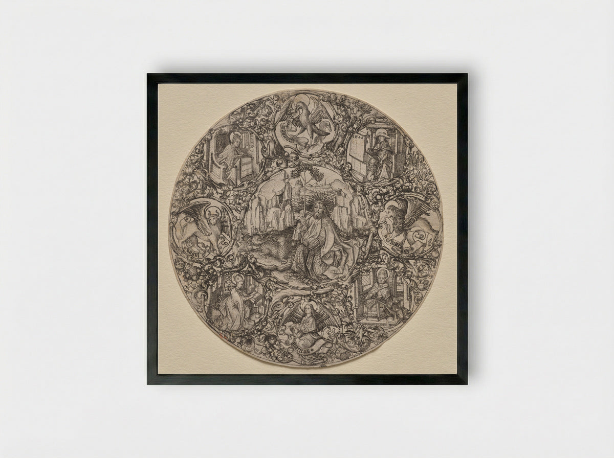 St. John the Baptist Surrounded by the Evangelists and Four Fathers of the Latin Church - Master ES - Framed Print Black